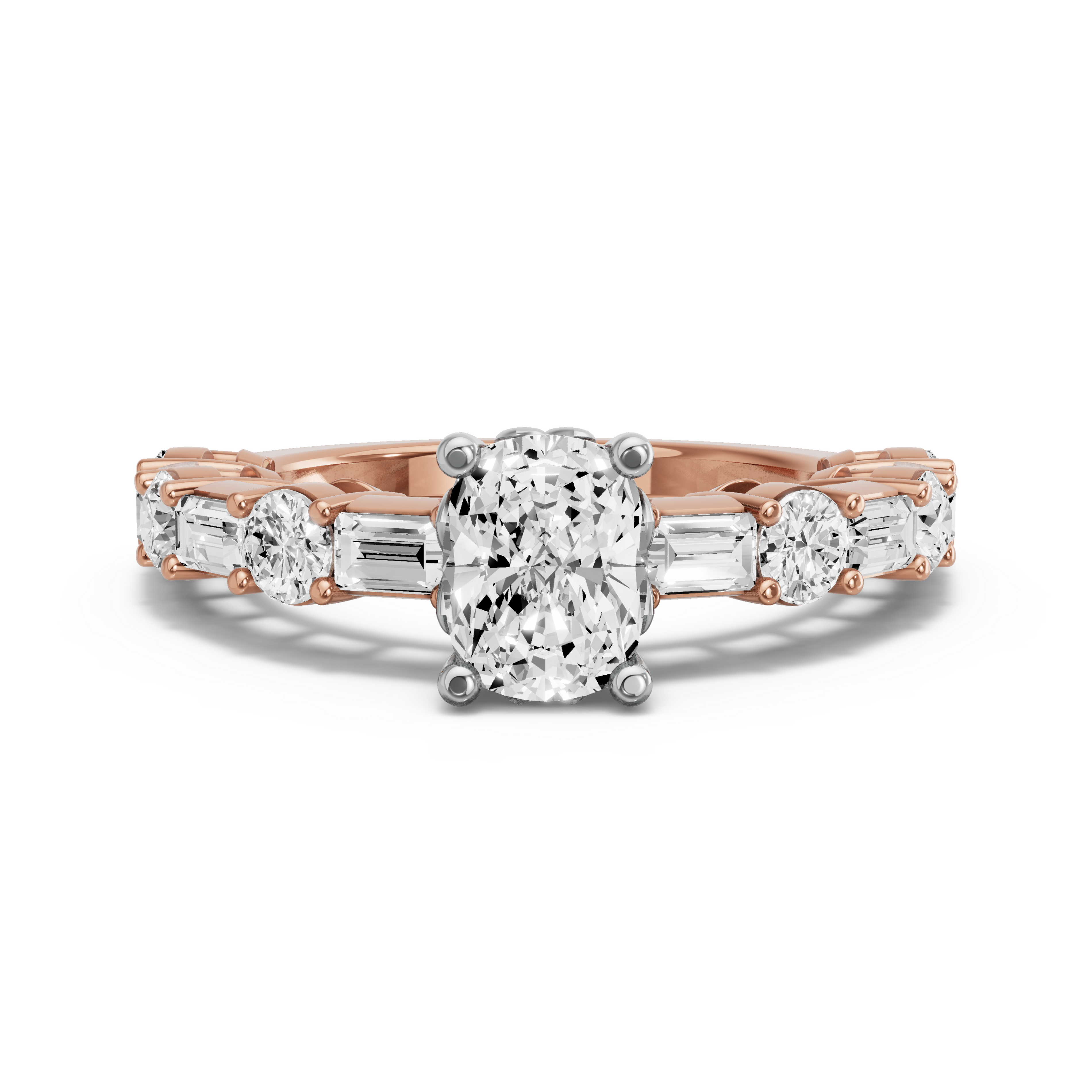 Image for Cushion Lotus Basket Ring with Alternating Baguette band in 18K Two Tone Rose Gold