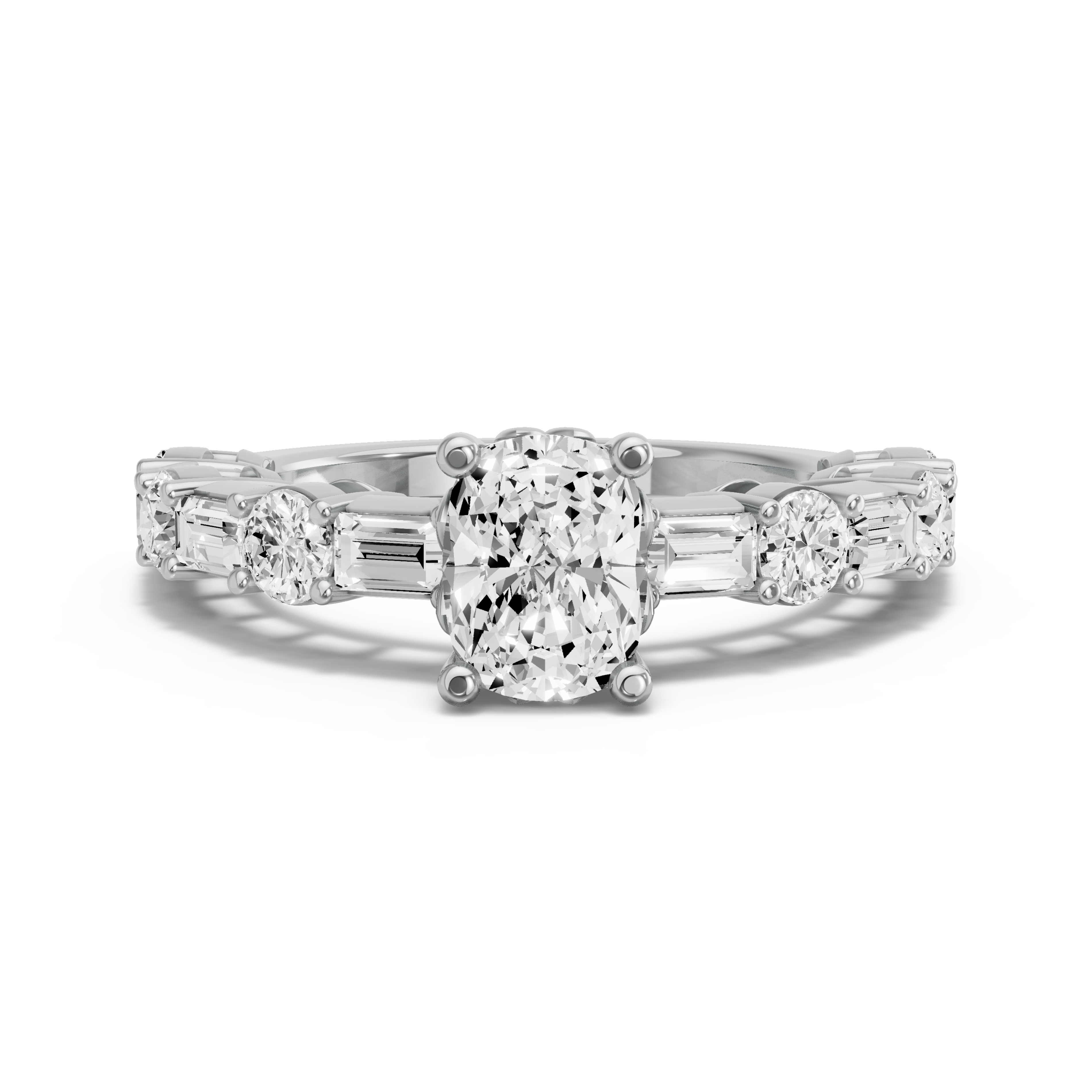 Image for Cushion Lotus Basket Ring with Alternating Baguette band in 10K White Gold
