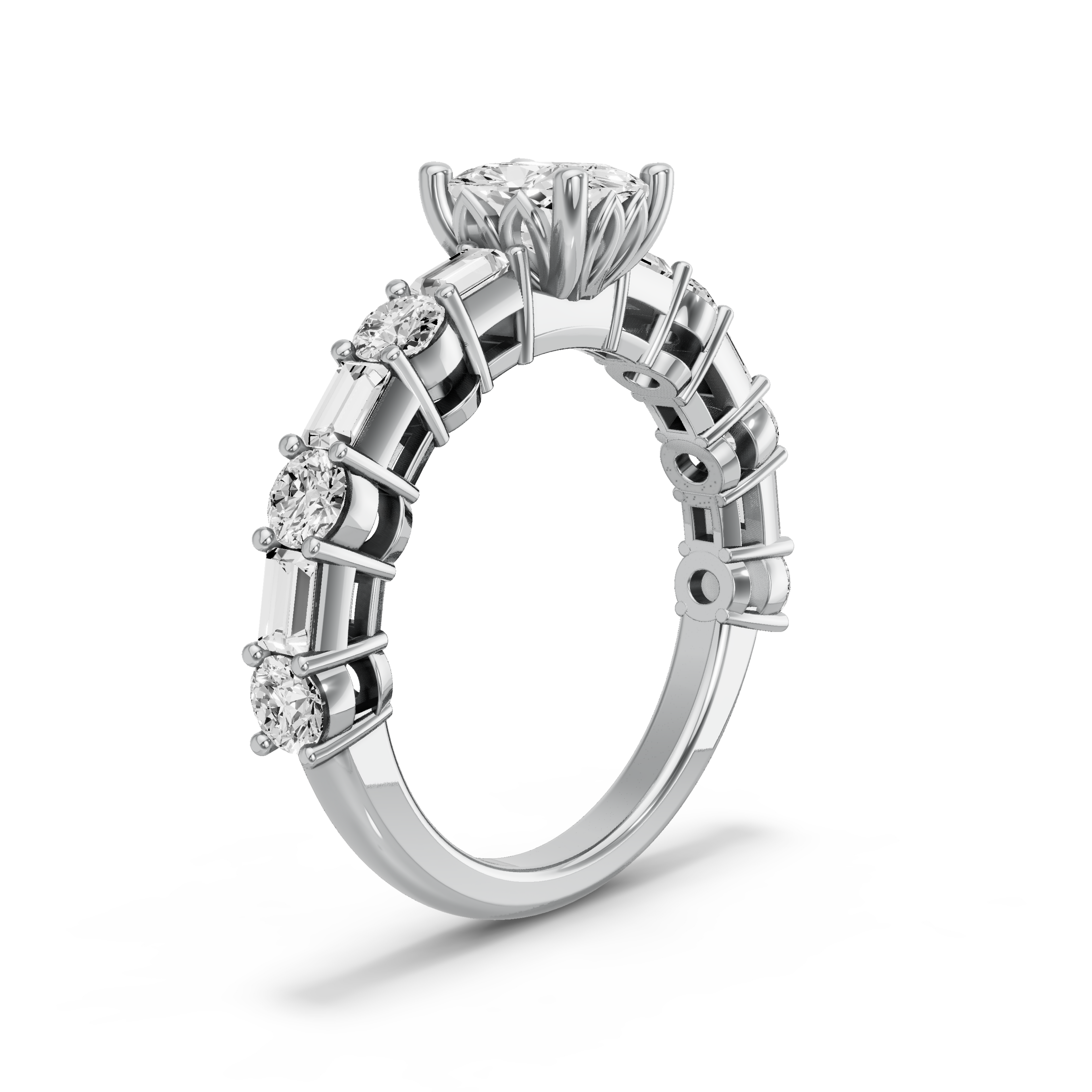Image for Cushion Lotus Basket Ring with Alternating Baguette band in 950 Platinum