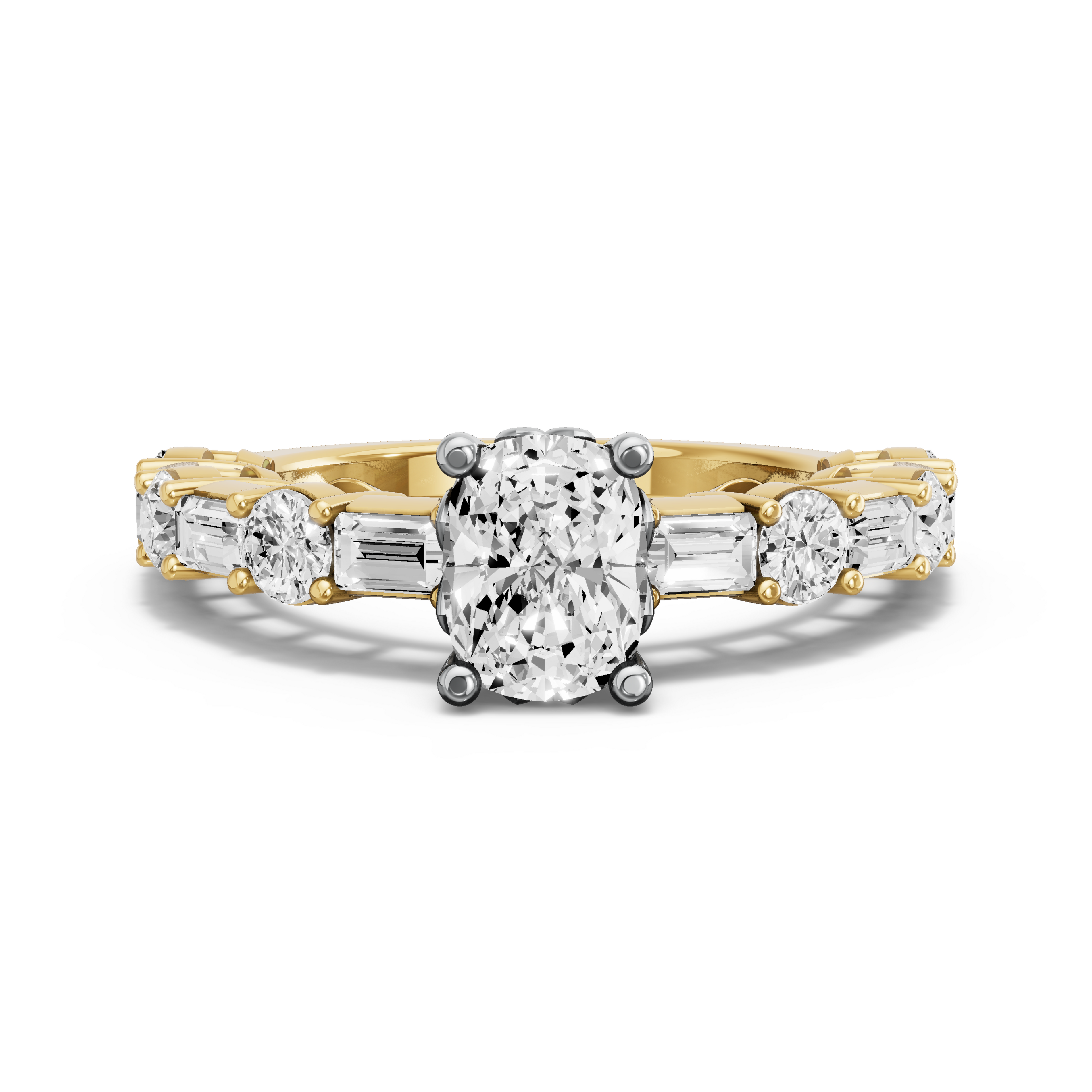 Image for Cushion Lotus Basket Ring with Alternating Baguette band in 18K Two Tone Yellow Gold