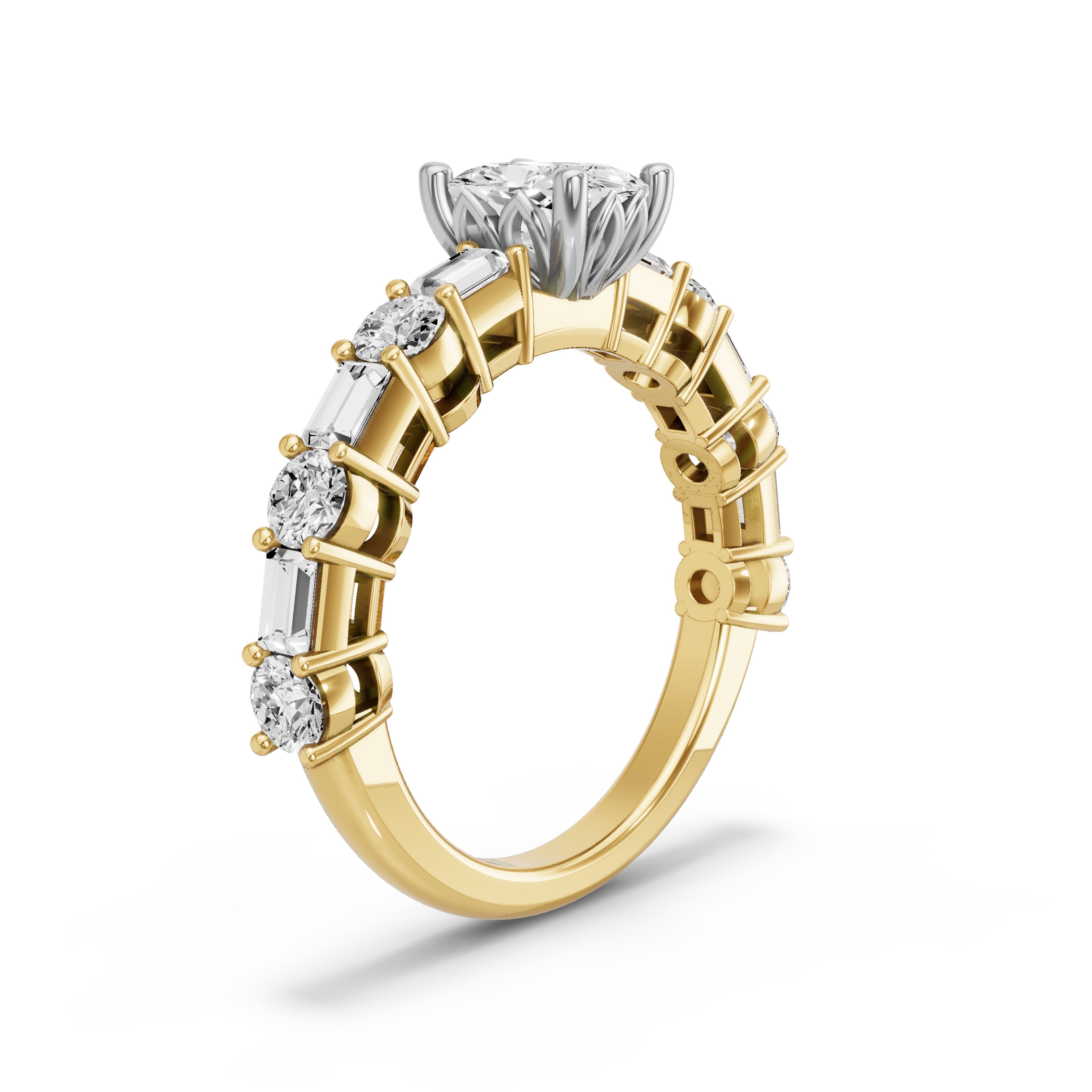Image for Cushion Lotus Basket Ring with Alternating Baguette band in 14K Two Tone Yellow Gold