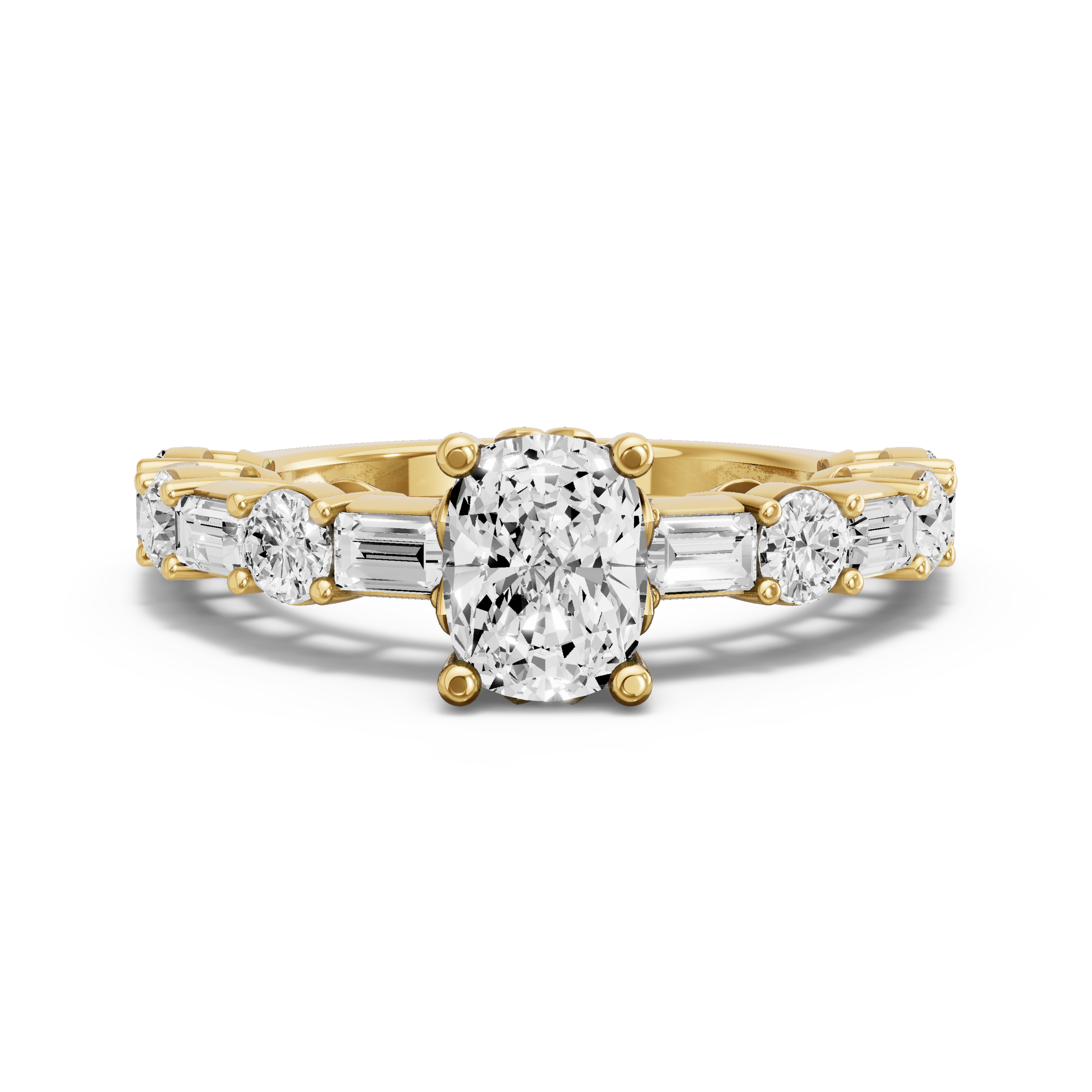 Image for Cushion Lotus Basket Ring with Alternating Baguette band in 18K Yellow Gold