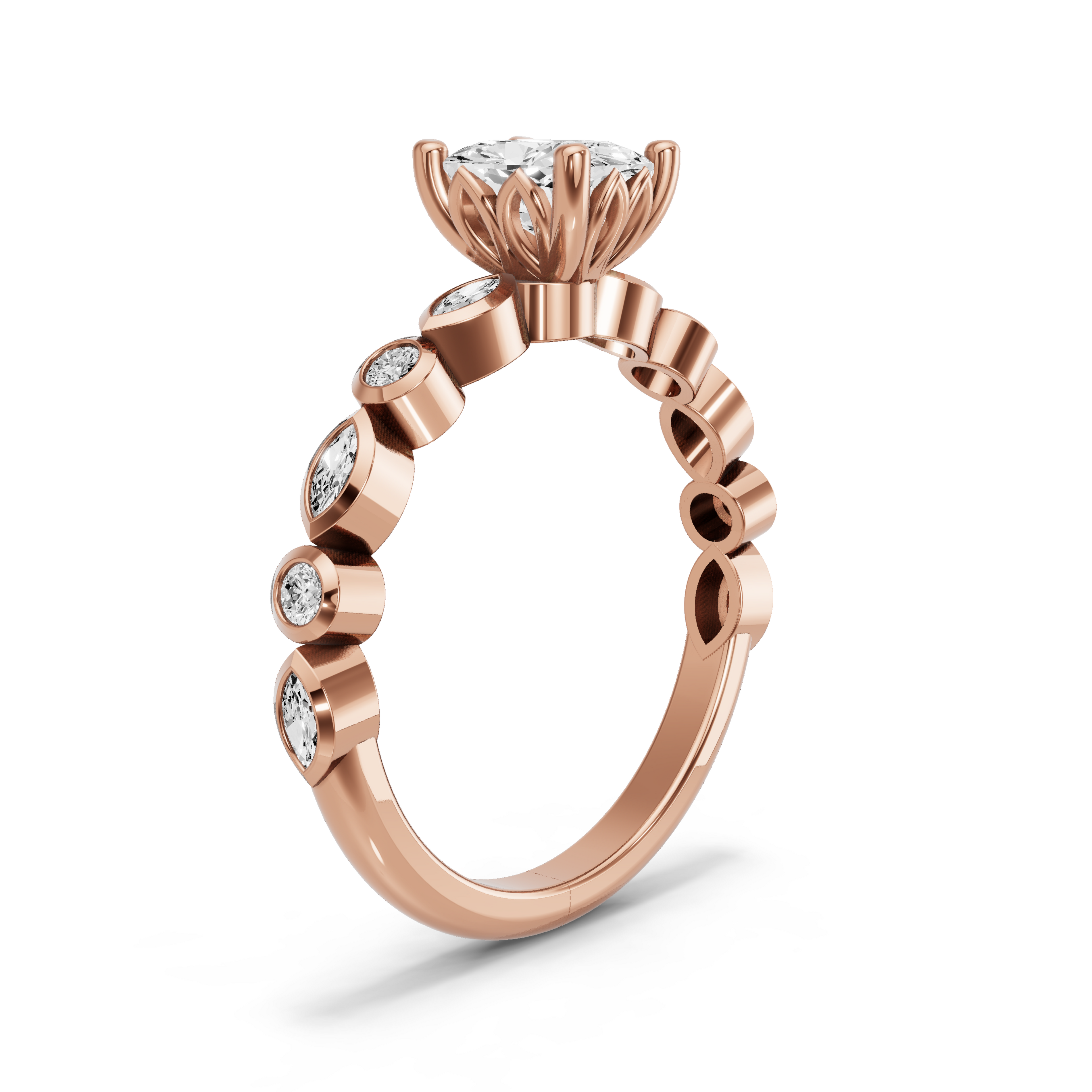 Image for Cushion Lotus Basket Ring with Alternating Marquise band in 18K Rose Gold