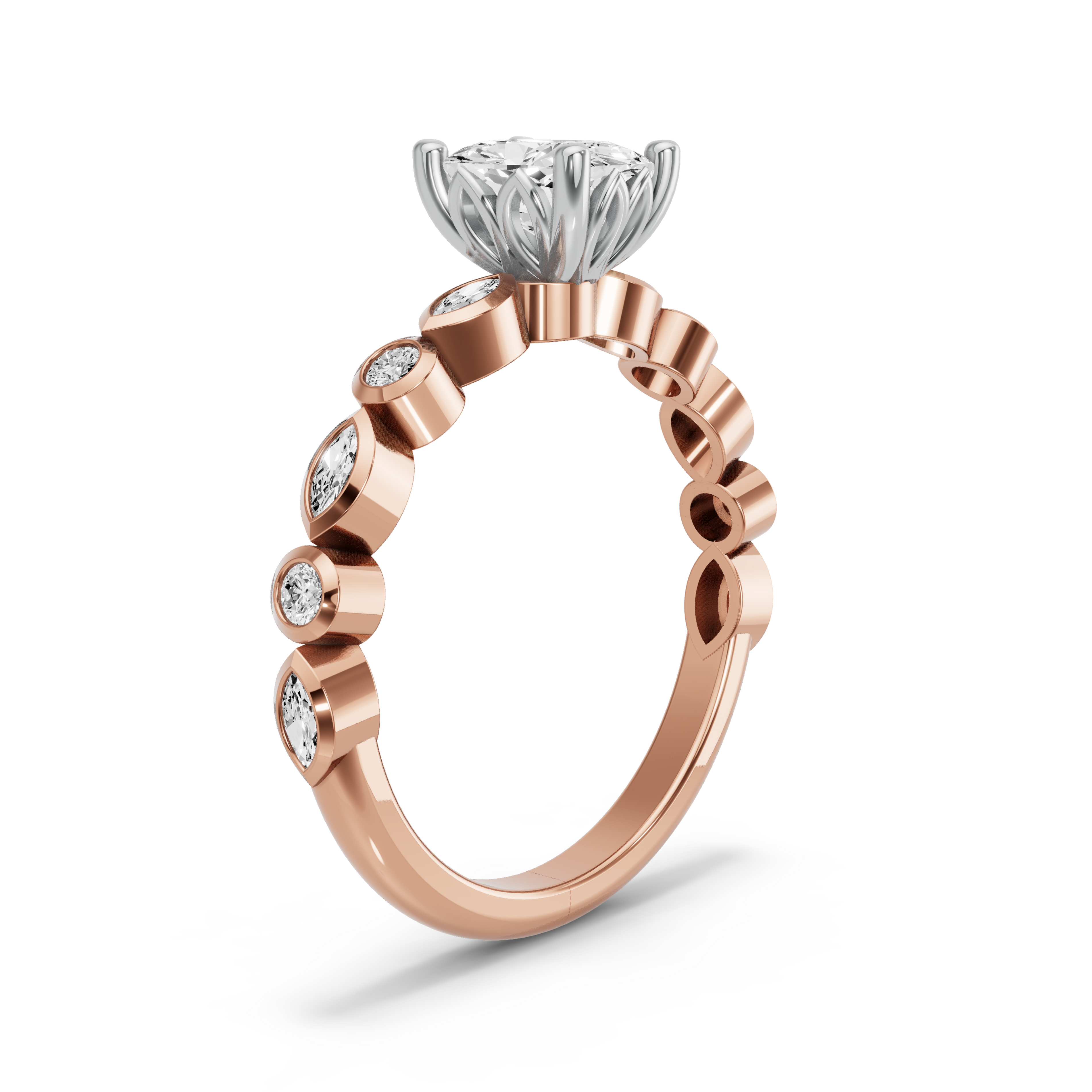 Image for Cushion Lotus Basket Ring with Alternating Marquise band in 18K Two Tone Rose Gold