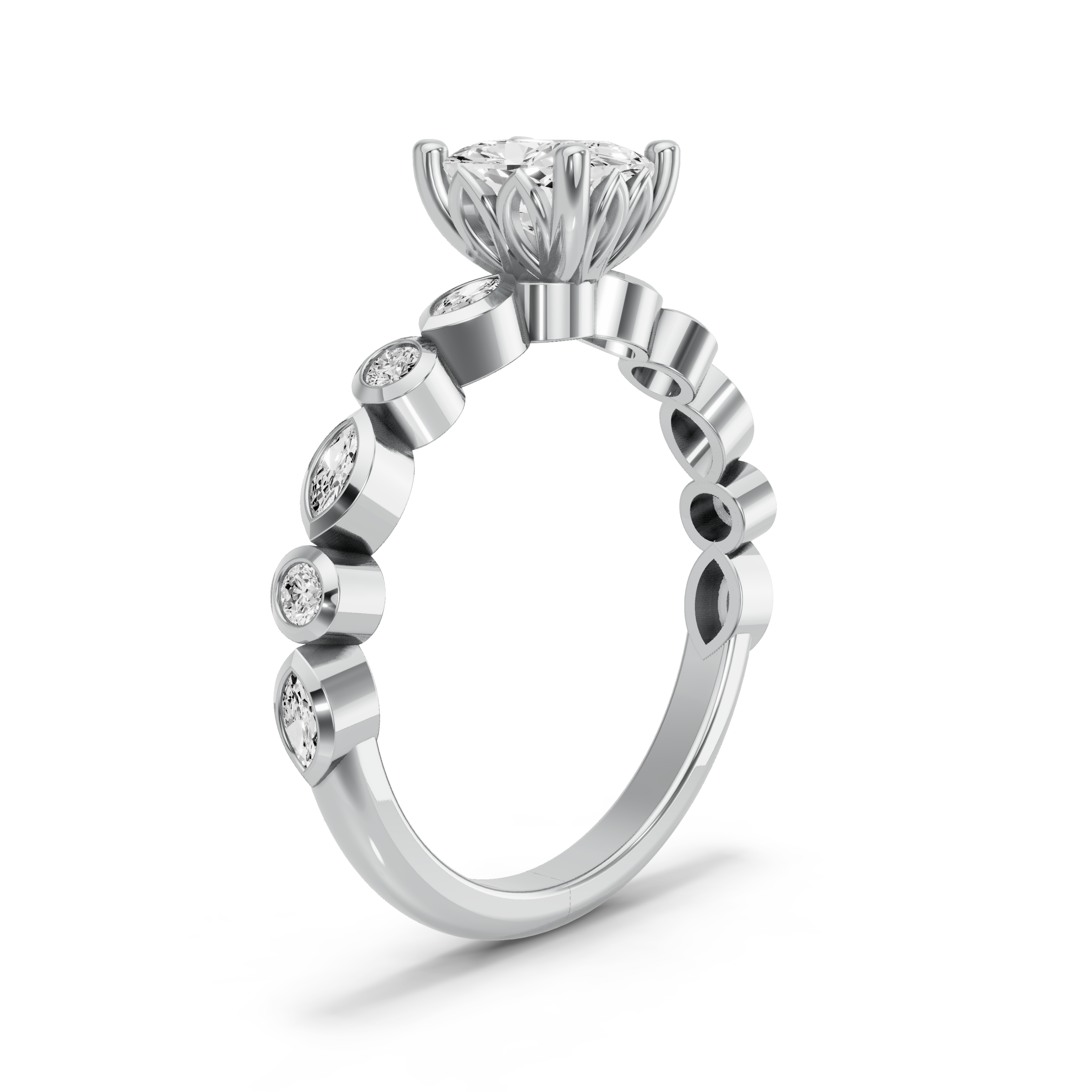 Image for Cushion Lotus Basket Ring with Alternating Marquise band in 14K White Gold