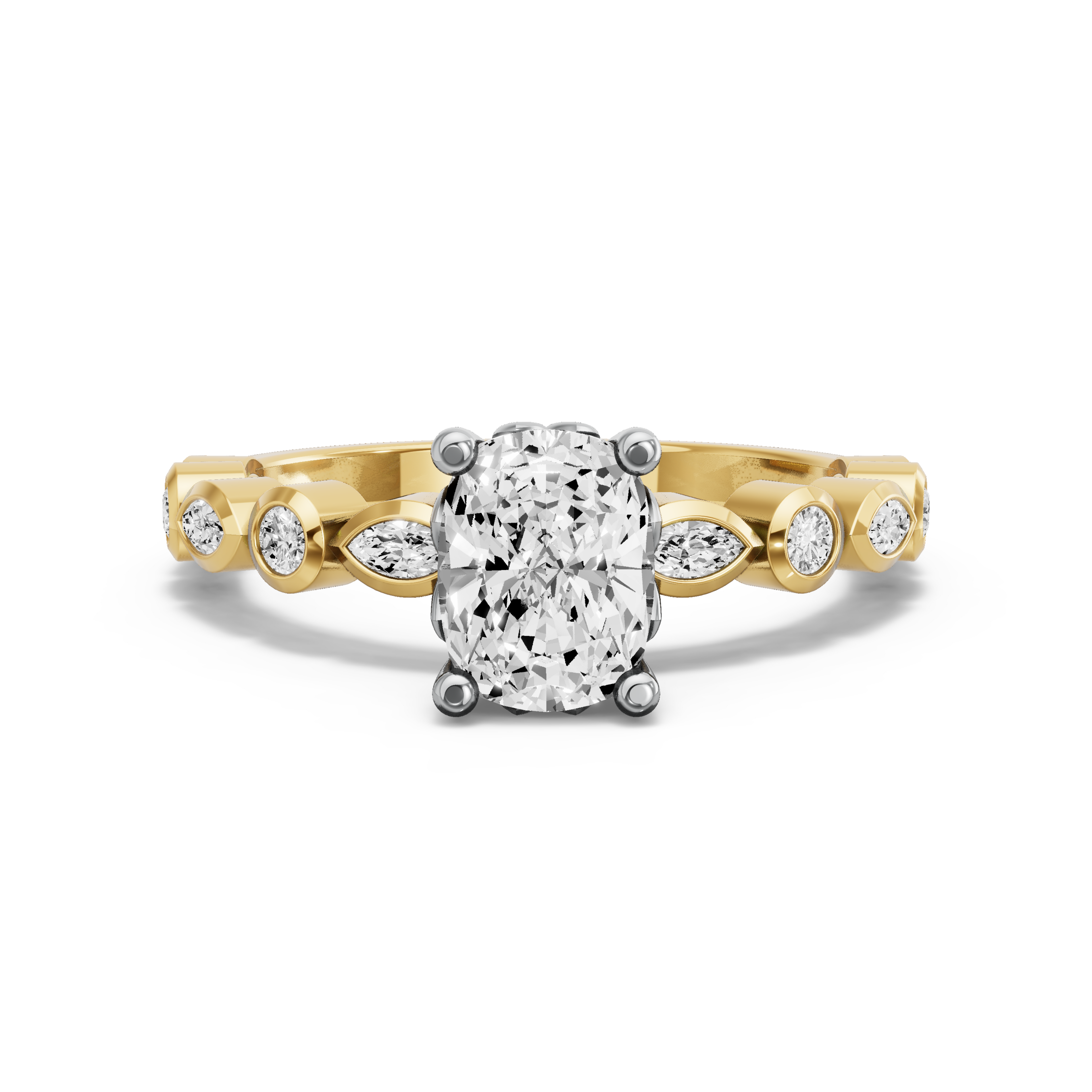 Image for Cushion Lotus Basket Ring with Alternating Marquise band in 14K Two Tone Yellow Gold