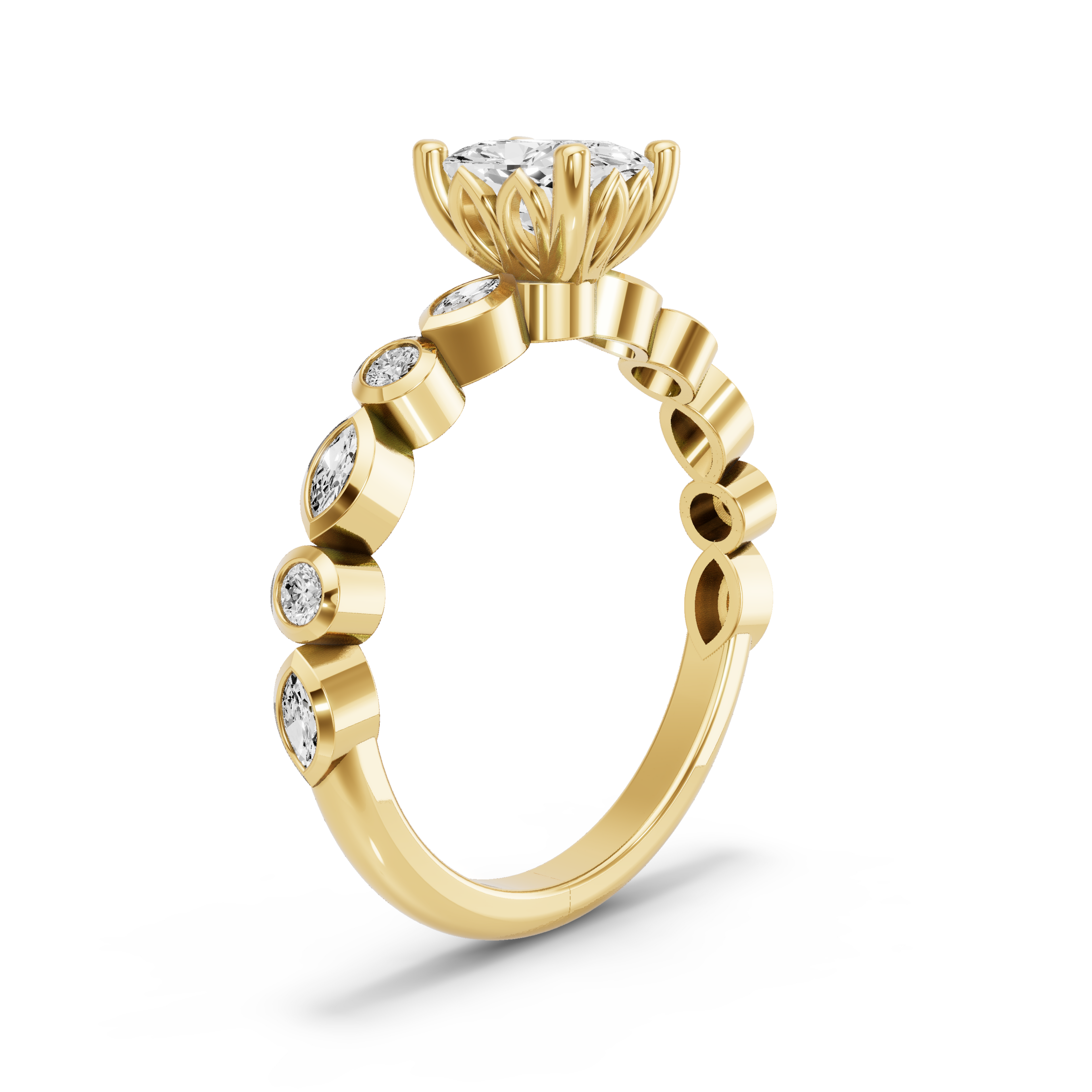 Image for Cushion Lotus Basket Ring with Alternating Marquise band in 14K Yellow Gold