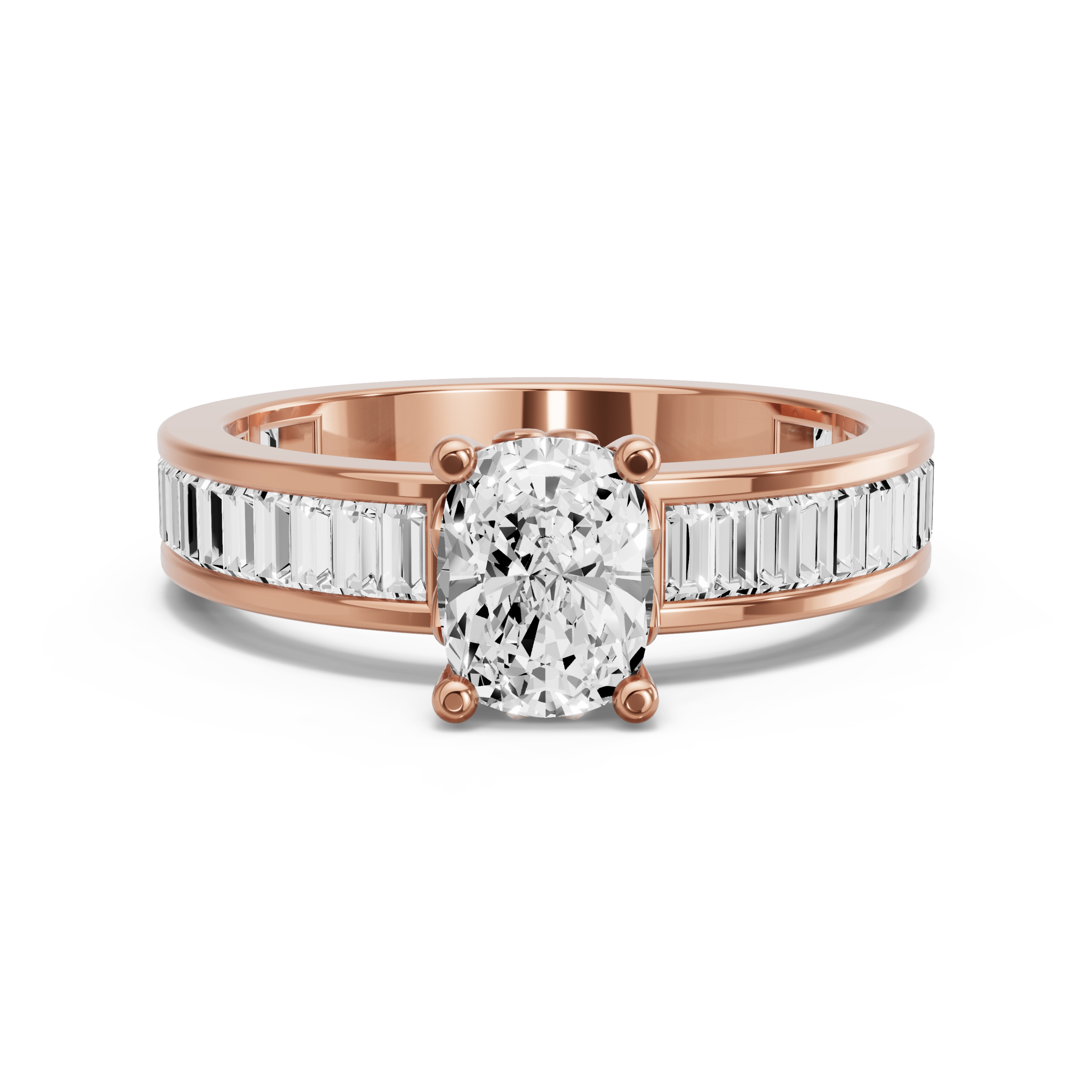 Image for Cushion Lotus Basket Ring with Baguette Channel band in 14K Rose Gold