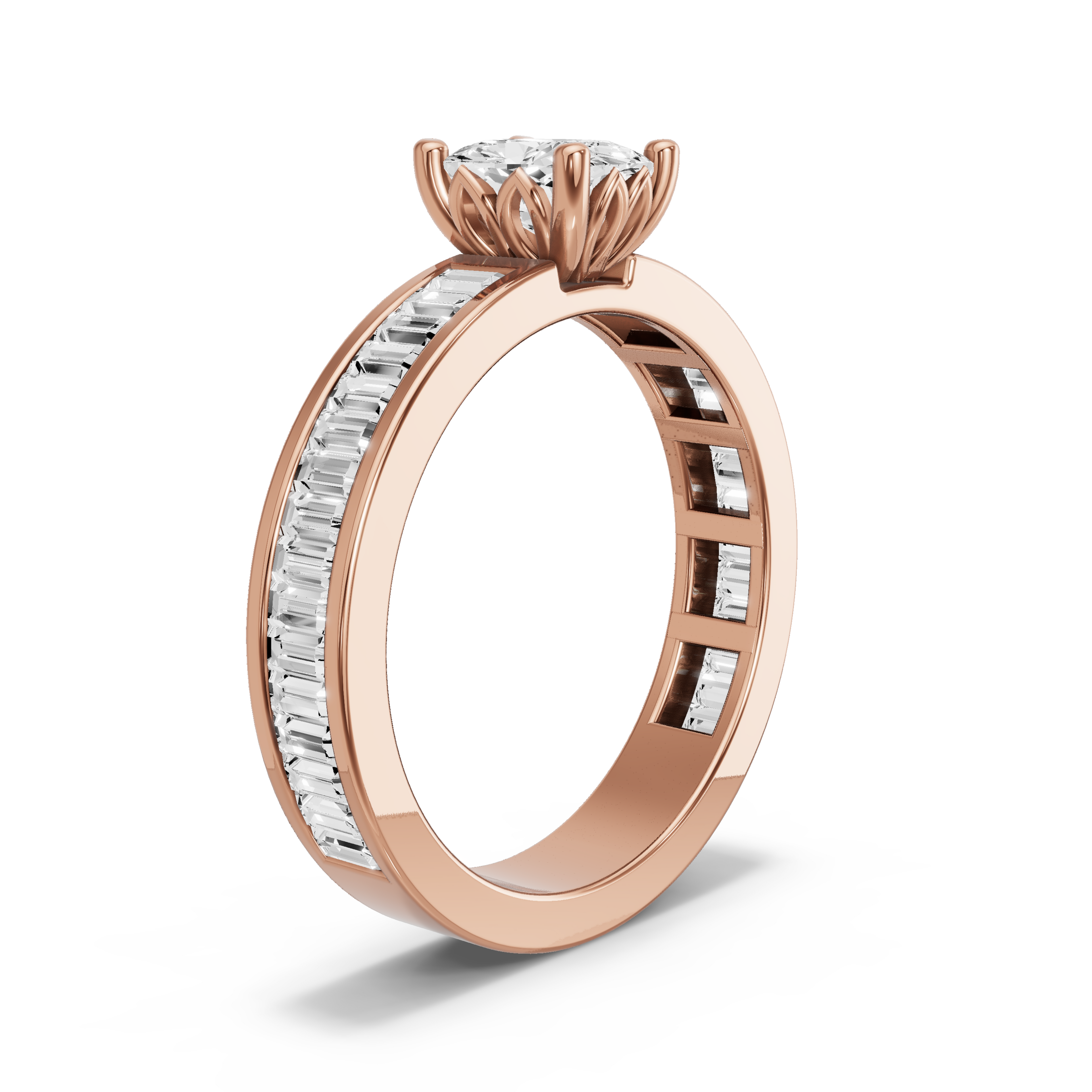 Image for Cushion Lotus Basket Ring with Baguette Channel band in 18K Rose Gold