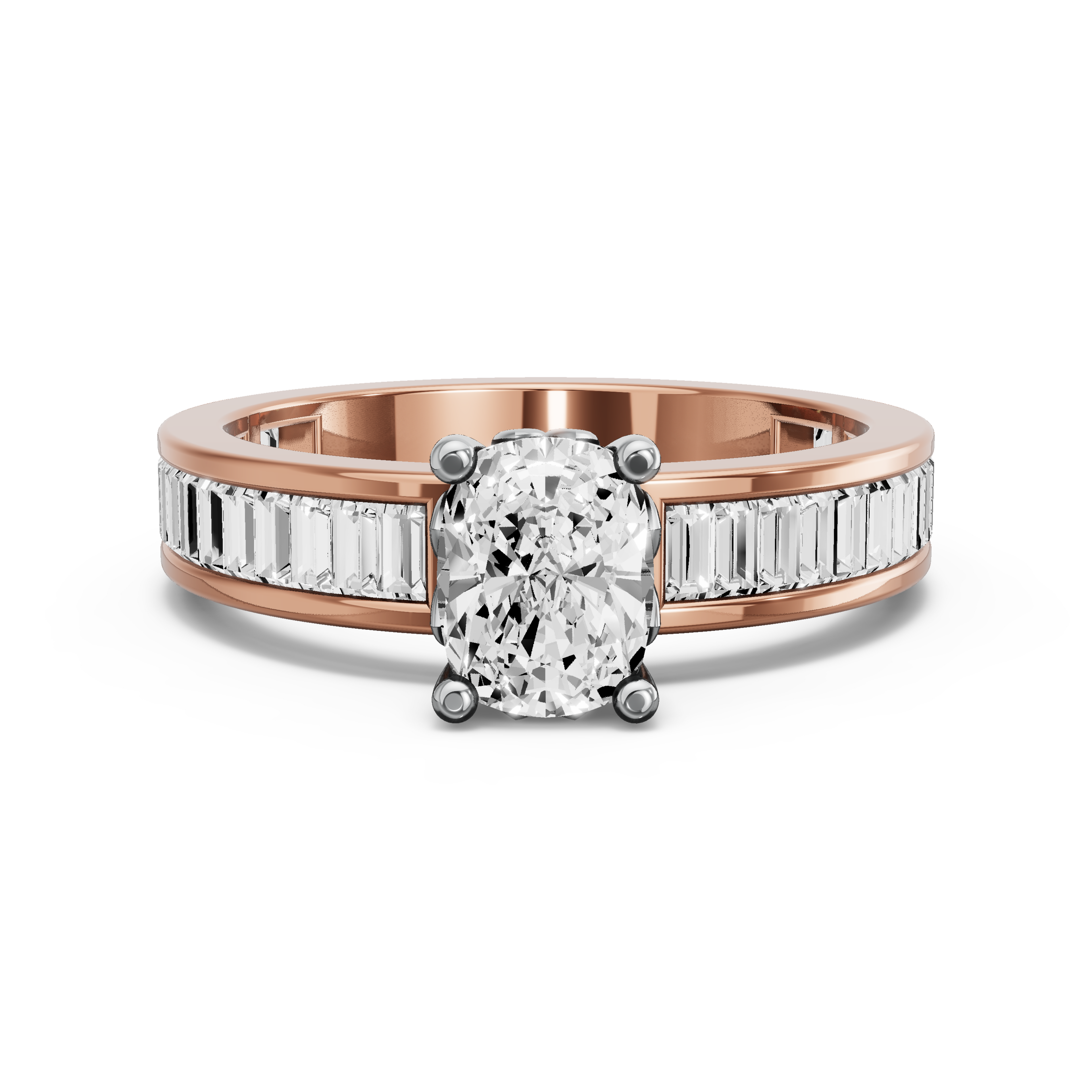 Image for Cushion Lotus Basket Ring with Baguette Channel band in 10K Two Tone Rose Gold