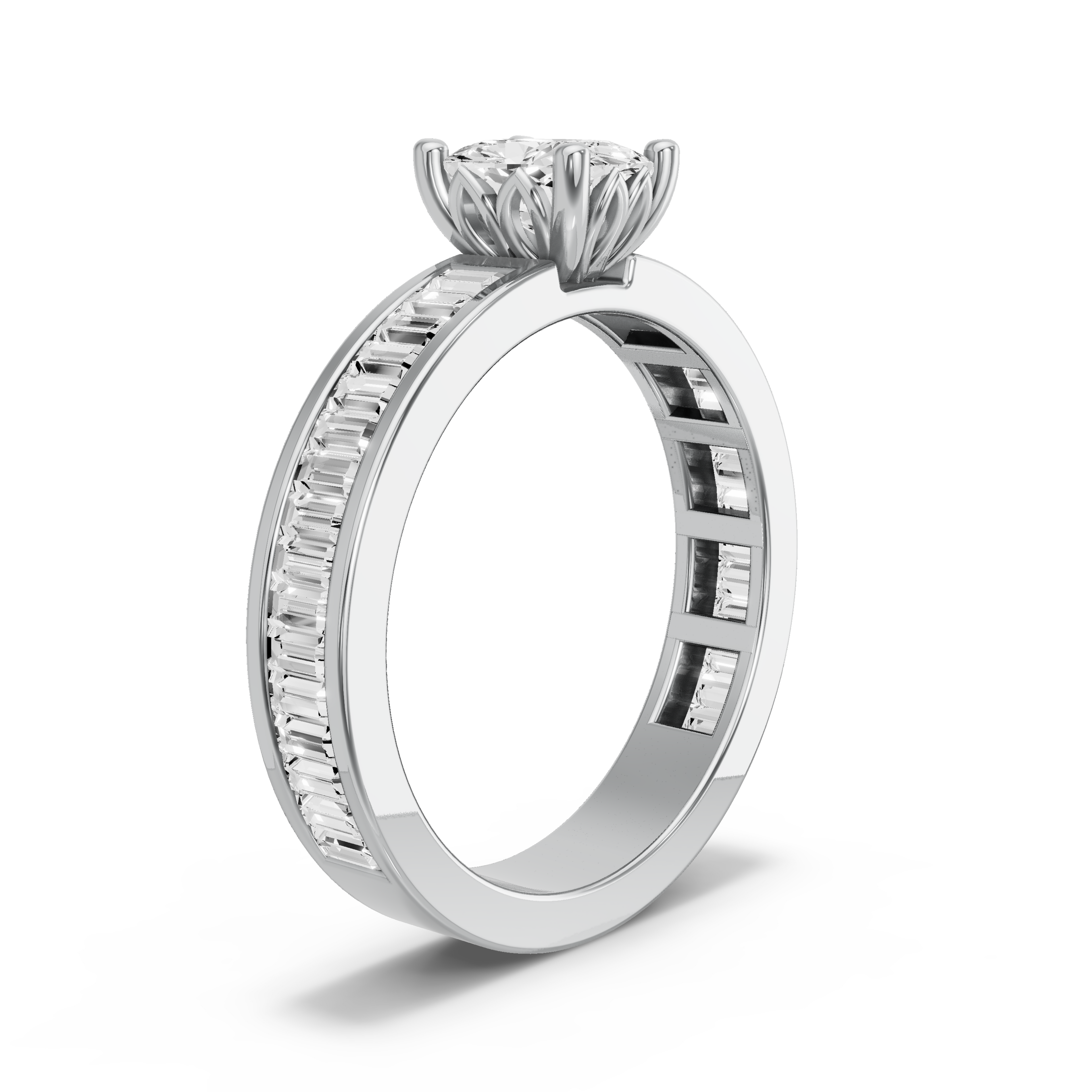 Image for Cushion Lotus Basket Ring with Baguette Channel band in 10K White Gold