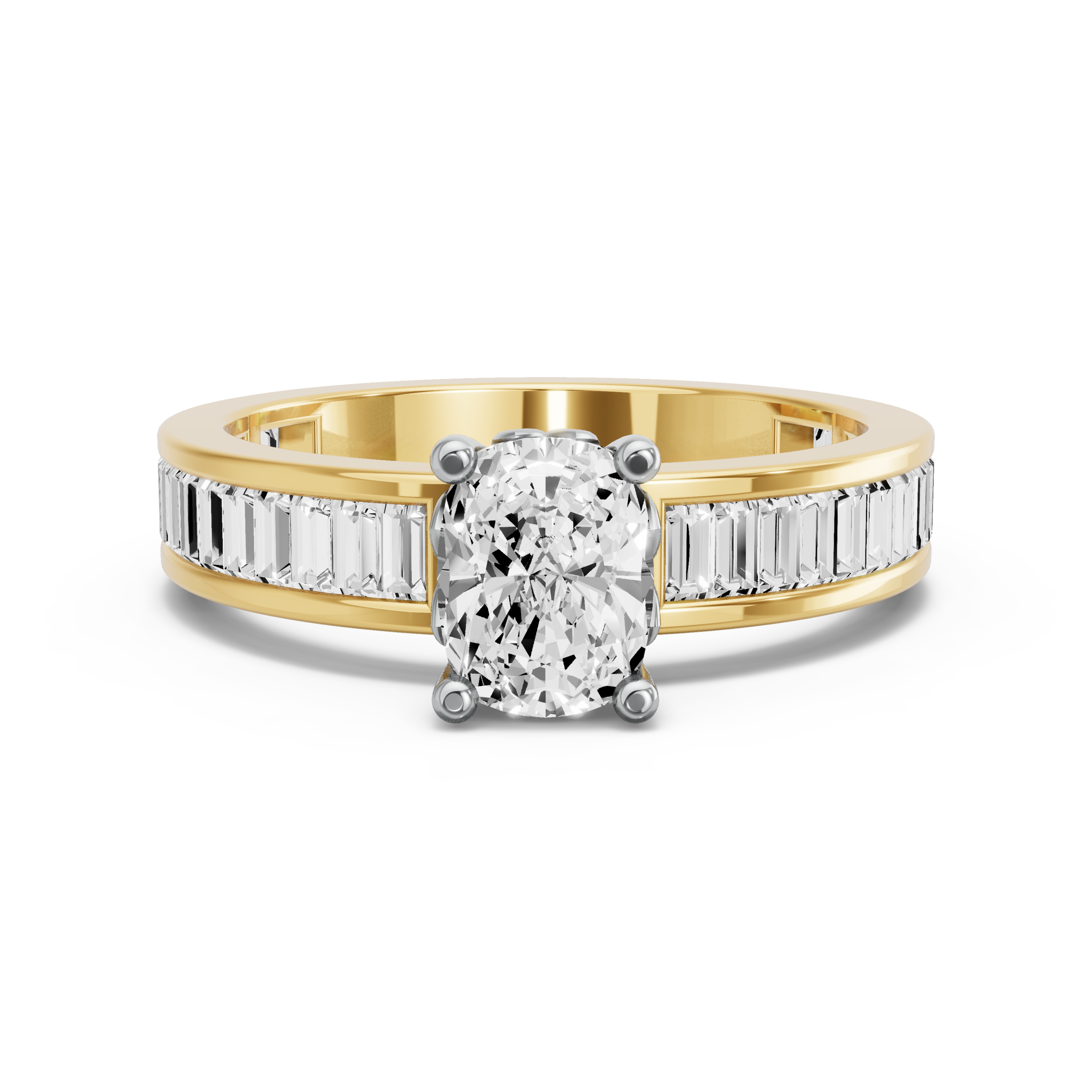 Image for Cushion Lotus Basket Ring with Baguette Channel band in 18K Two Tone Yellow Gold