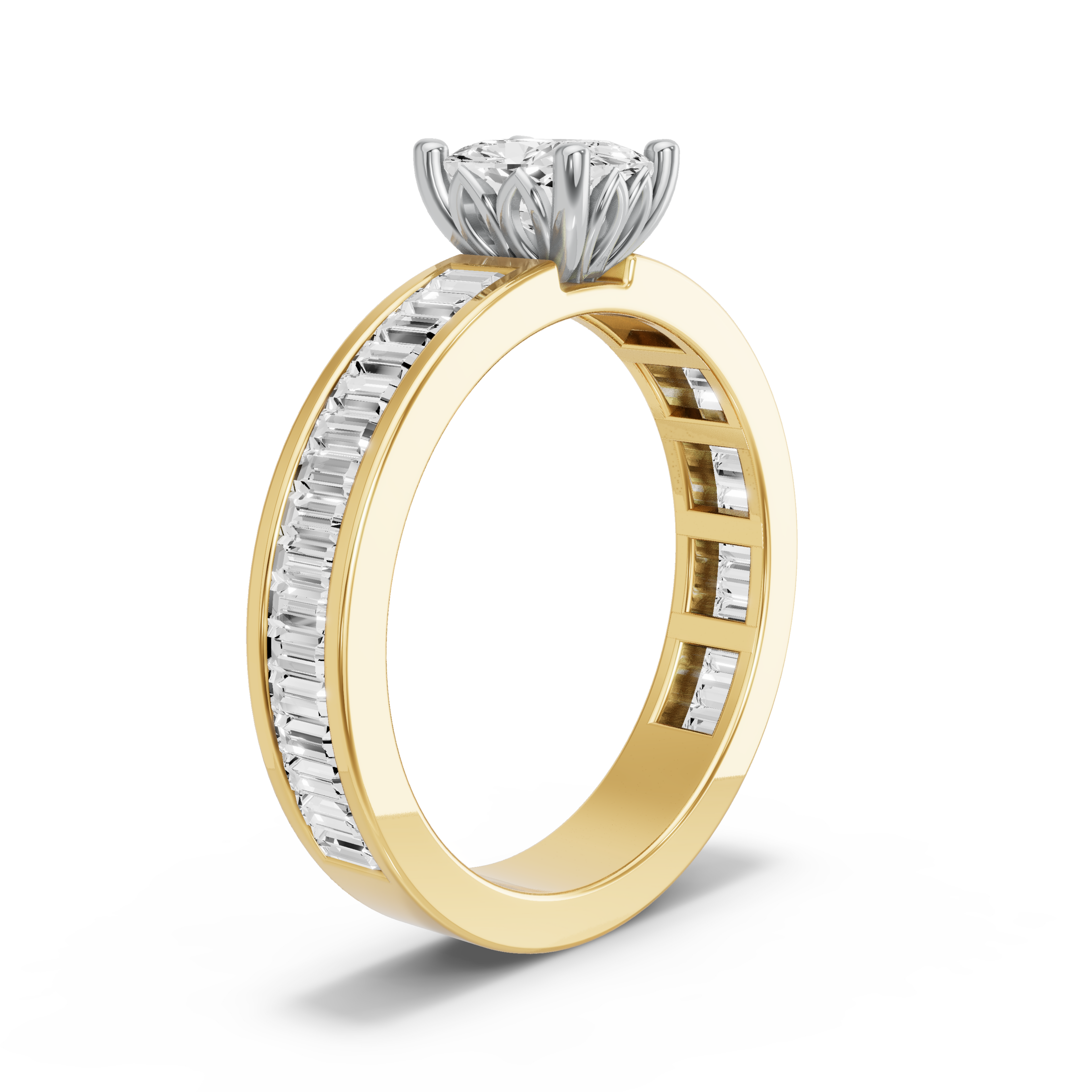 Image for Cushion Lotus Basket Ring with Baguette Channel band in 10K Two Tone Yellow Gold