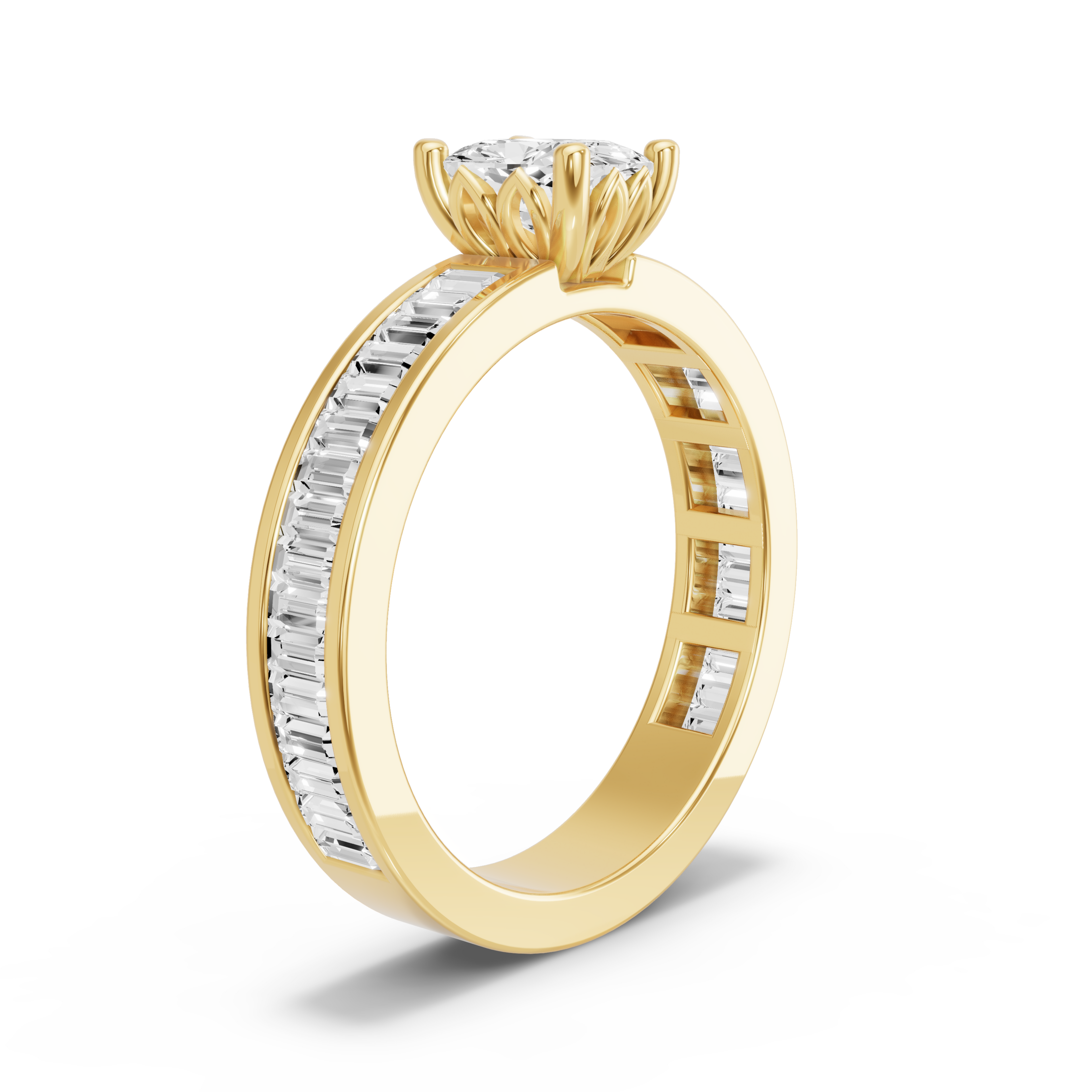 Image for Cushion Lotus Basket Ring with Baguette Channel band in 10K Yellow Gold
