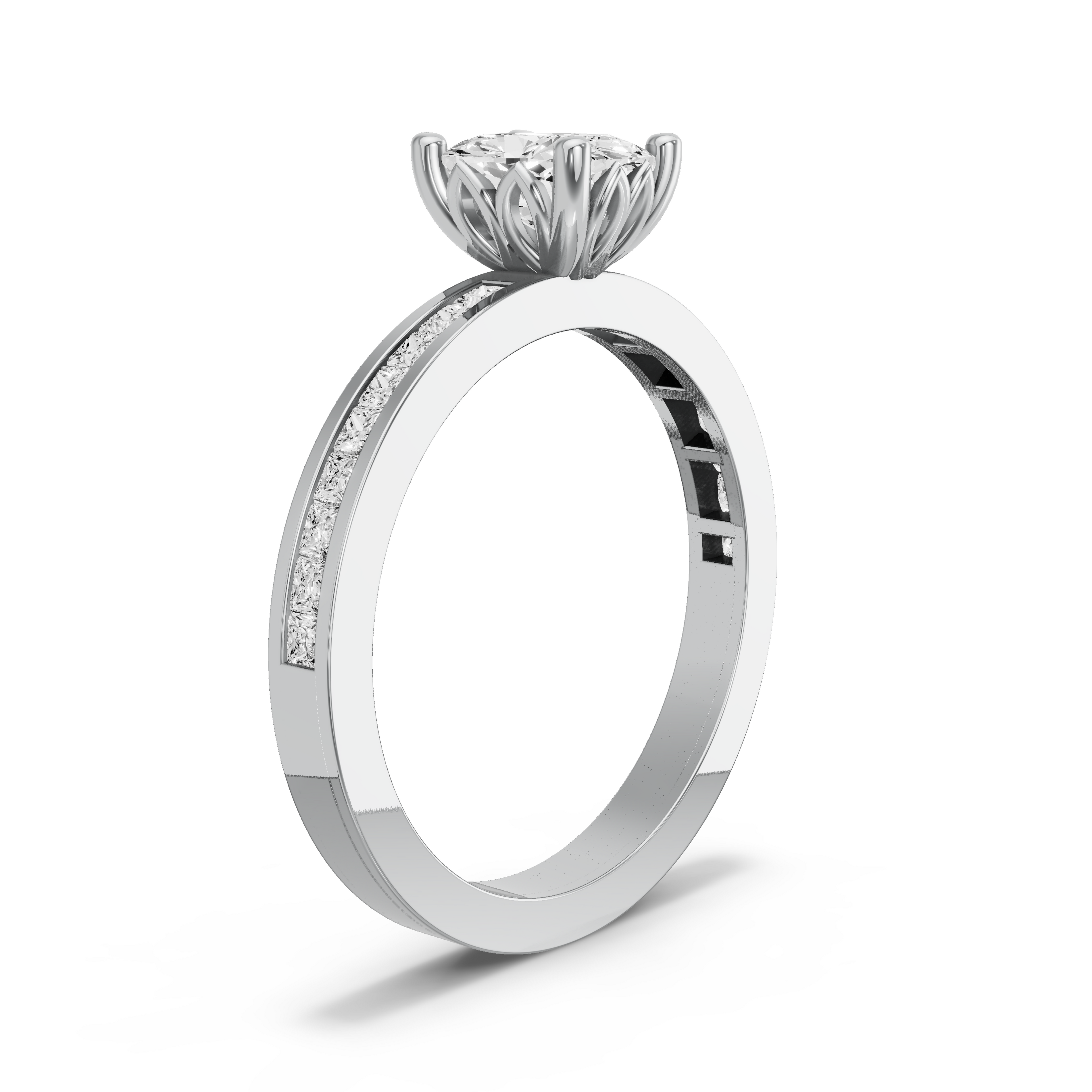 Image for Cushion Lotus Basket Ring with Channel band in 18K White Gold