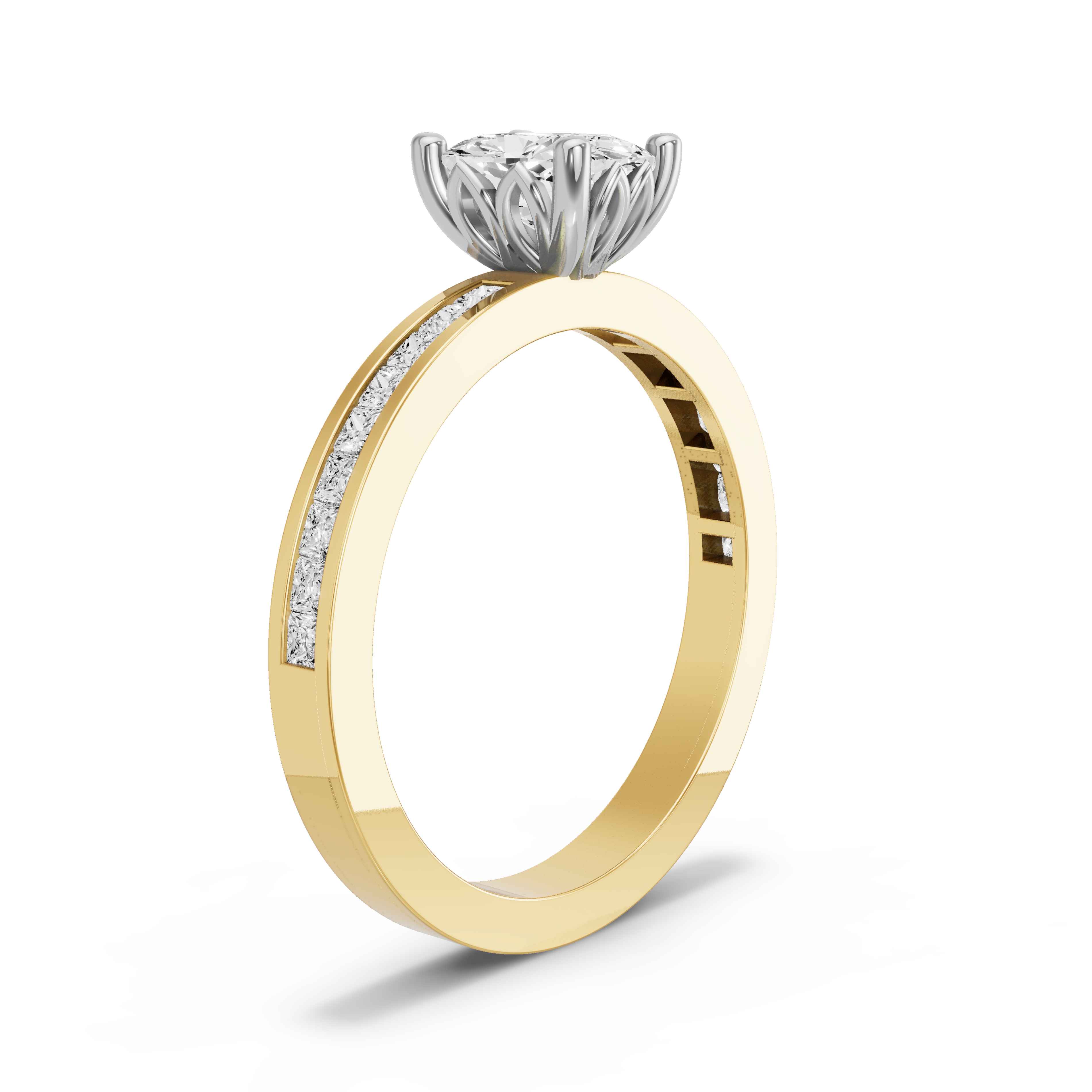 Image for Cushion Lotus Basket Ring with Channel band in 18K Two Tone Yellow Gold