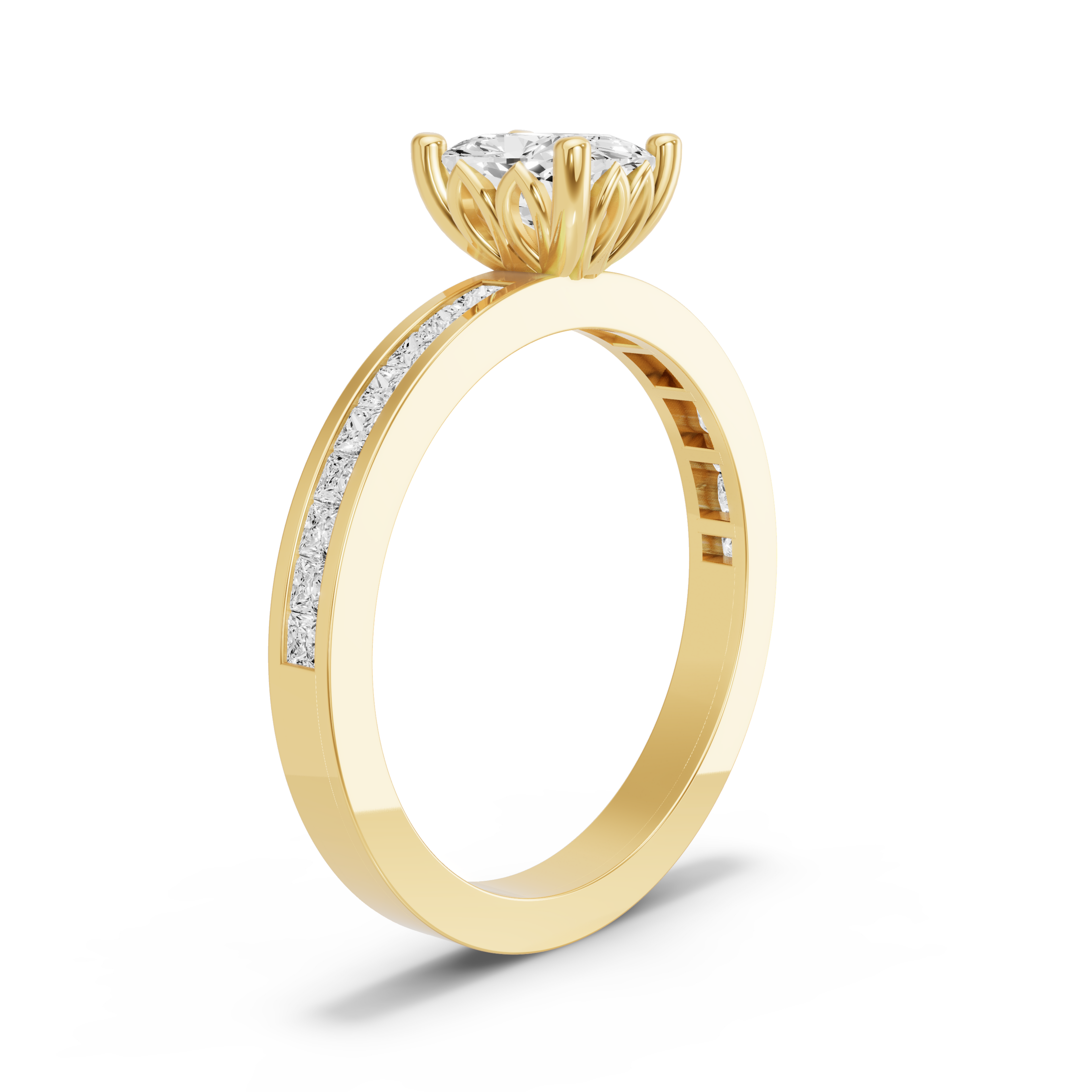 Image for Cushion Lotus Basket Ring with Channel band in 14K Yellow Gold