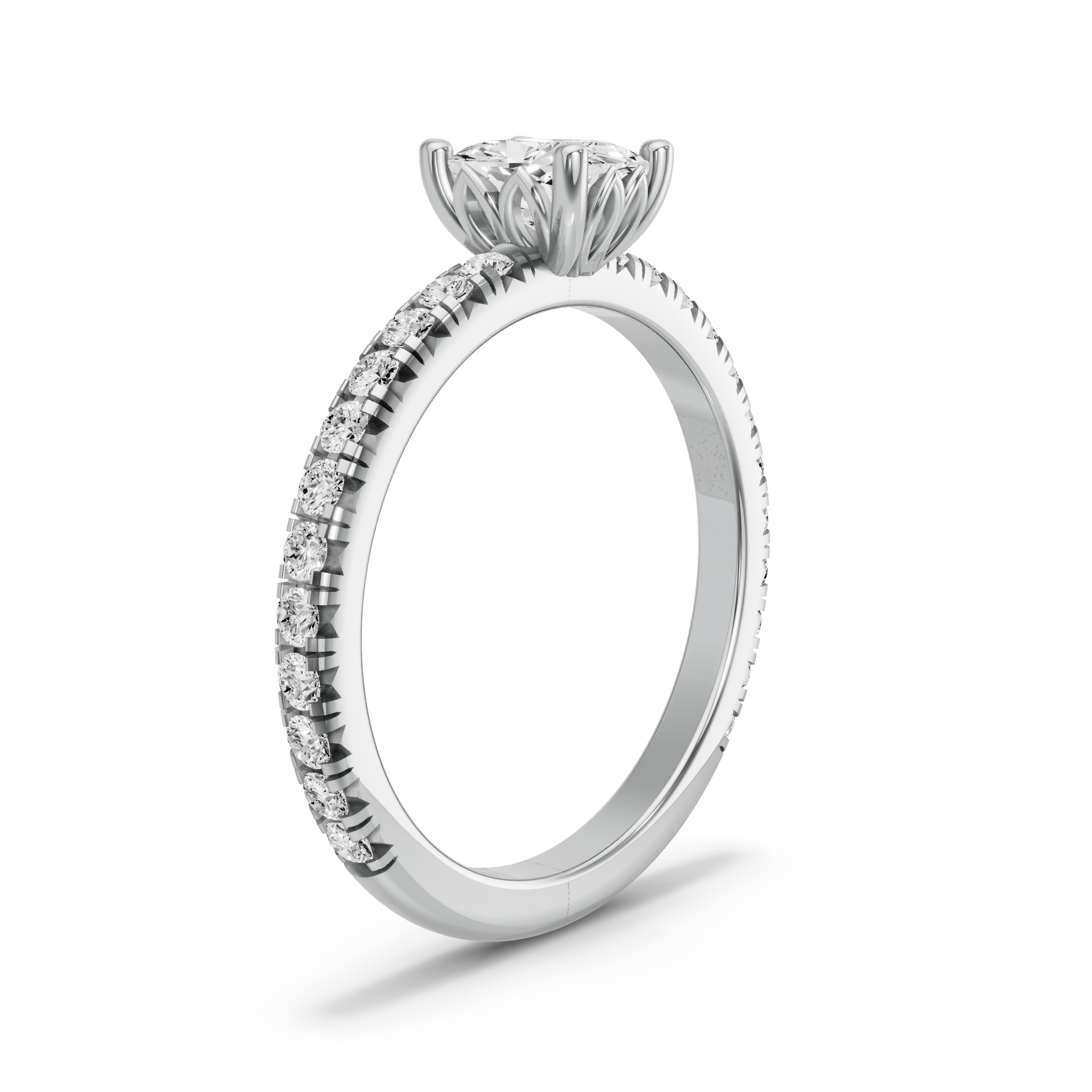 Image for Cushion Lotus Basket Ring with French Pave band in 18K White Gold