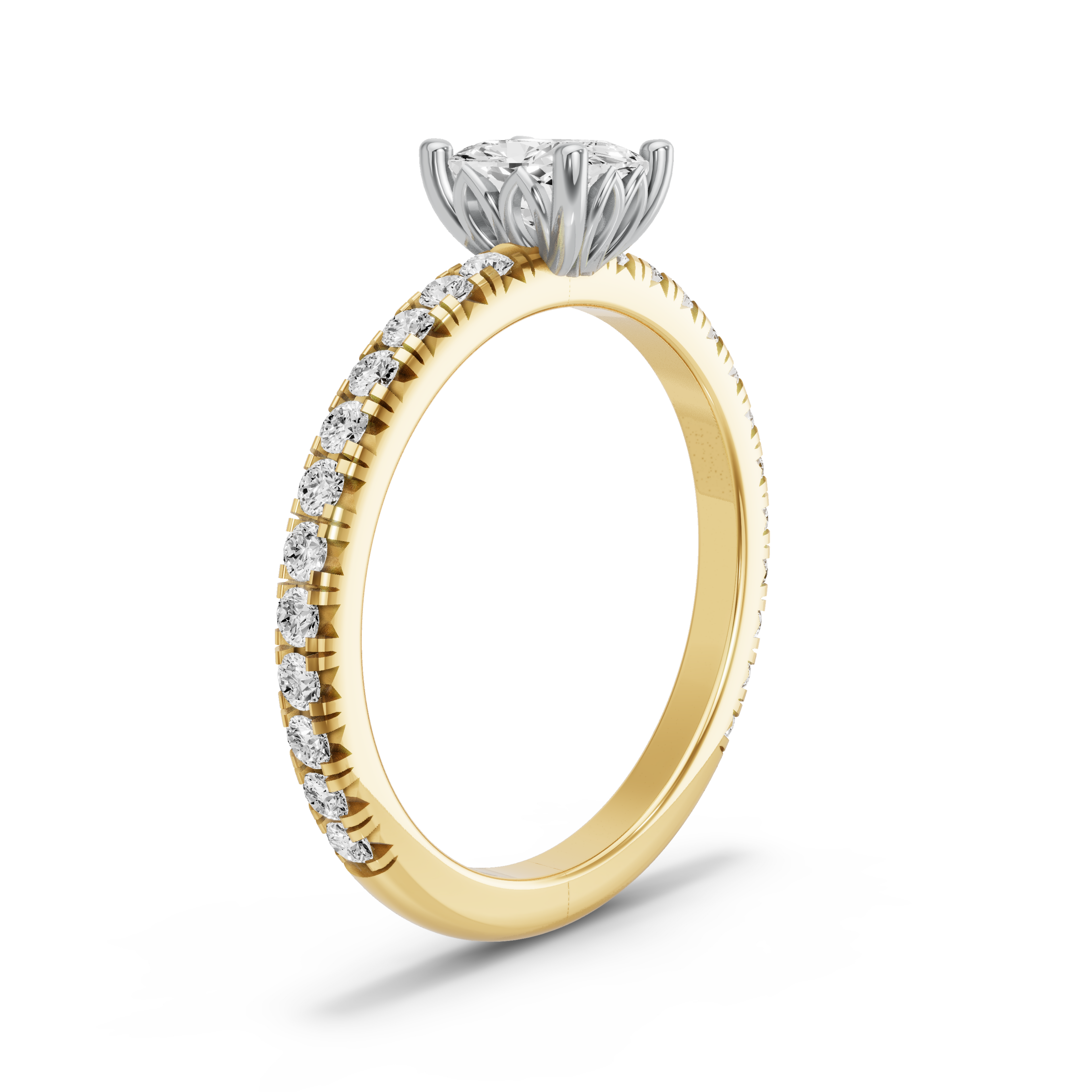 Image for Cushion Lotus Basket Ring with French Pave band in 18K Two Tone Yellow Gold