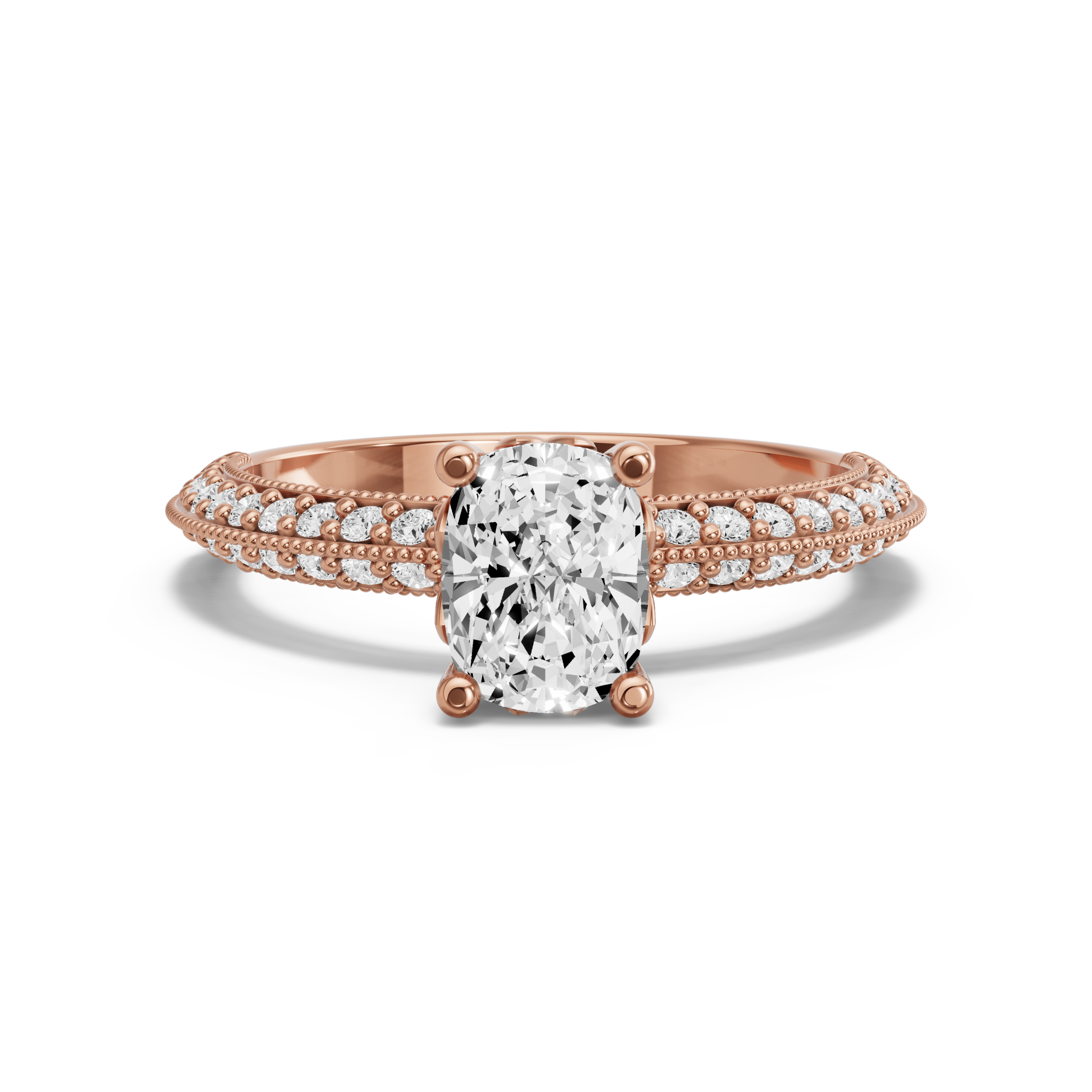 Image for Cushion Lotus Basket Ring with Knife Edge Pave band in 18K Rose Gold