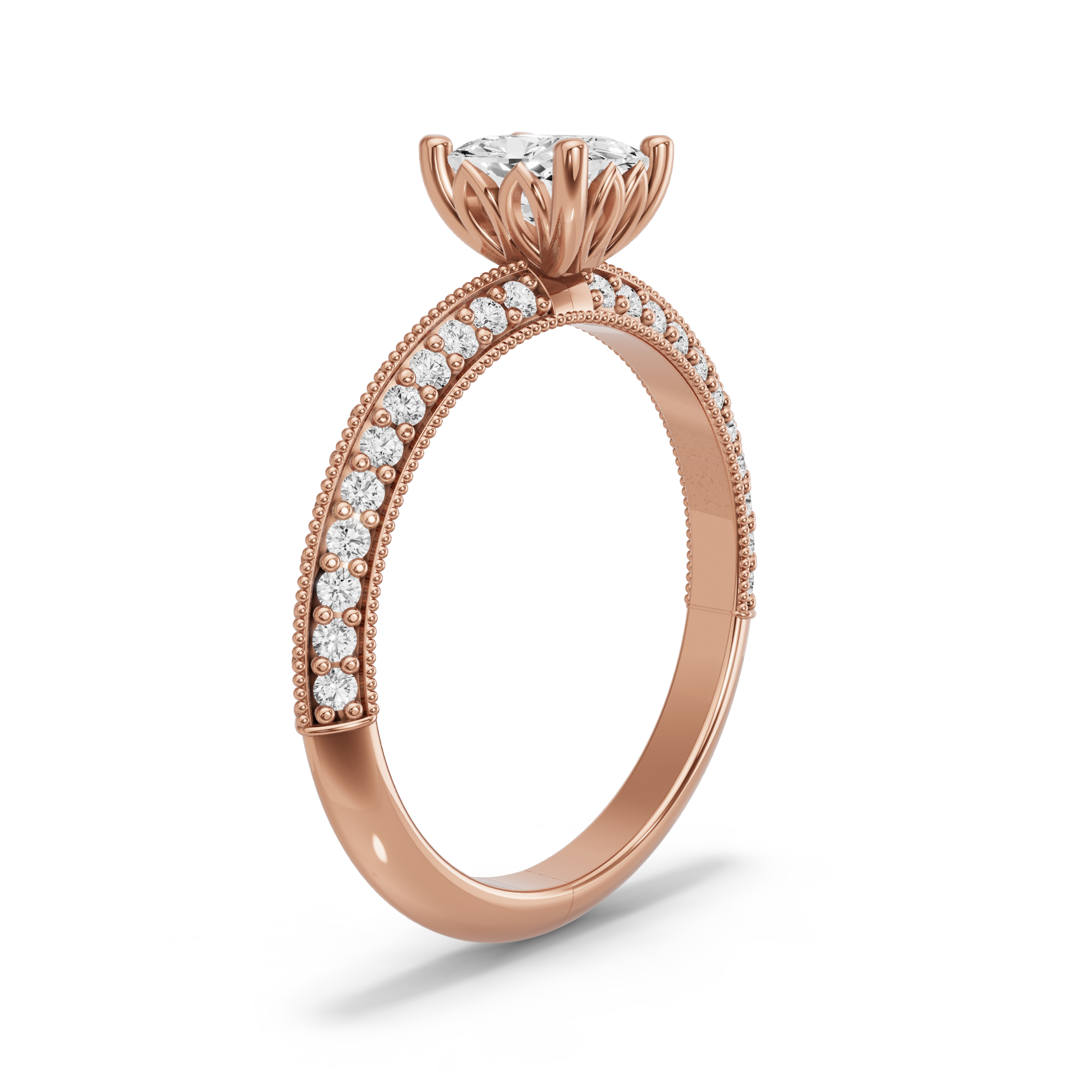 Image for Cushion Lotus Basket Ring with Knife Edge Pave band in 10K Rose Gold