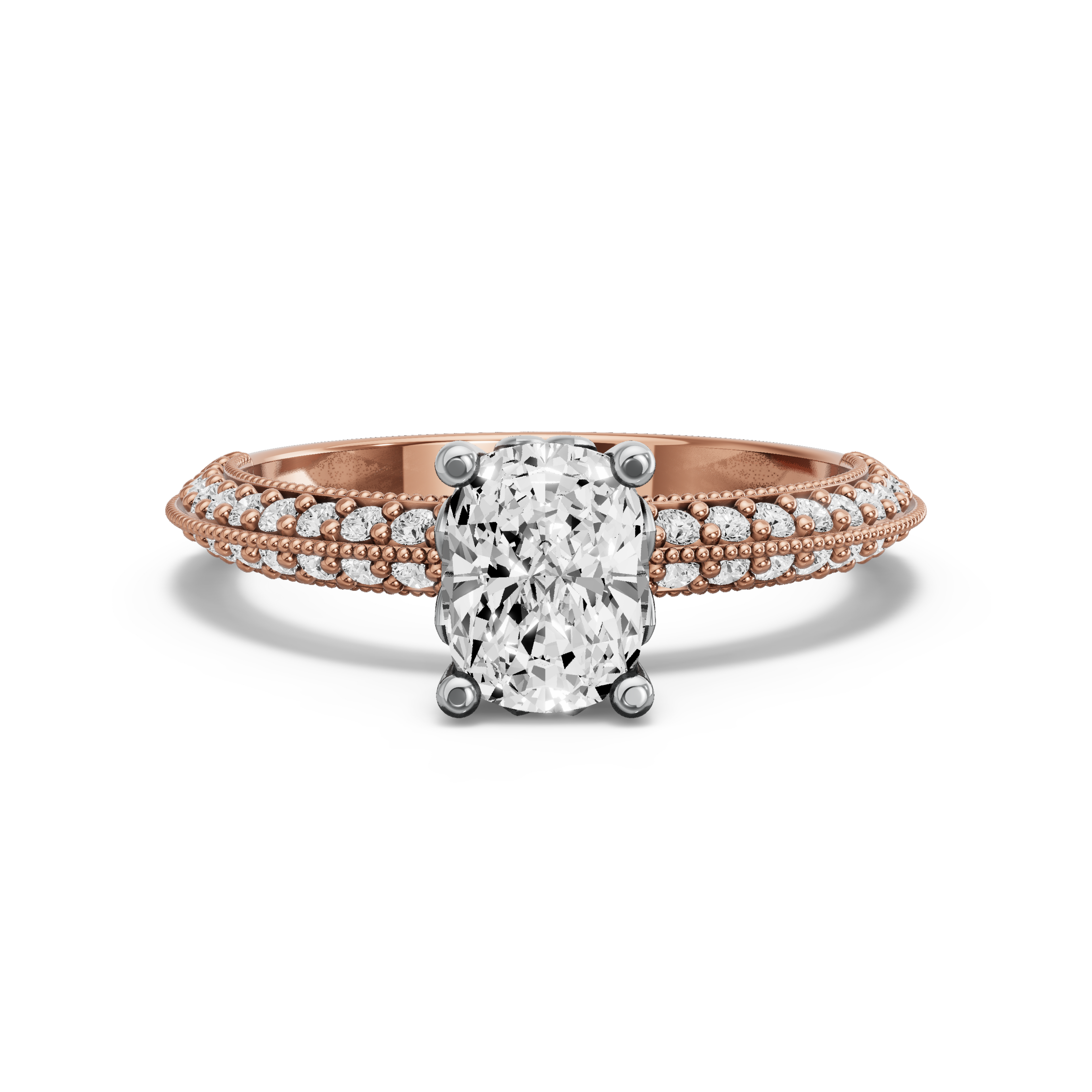 Image for Cushion Lotus Basket Ring with Knife Edge Pave band in 18K Two Tone Rose Gold