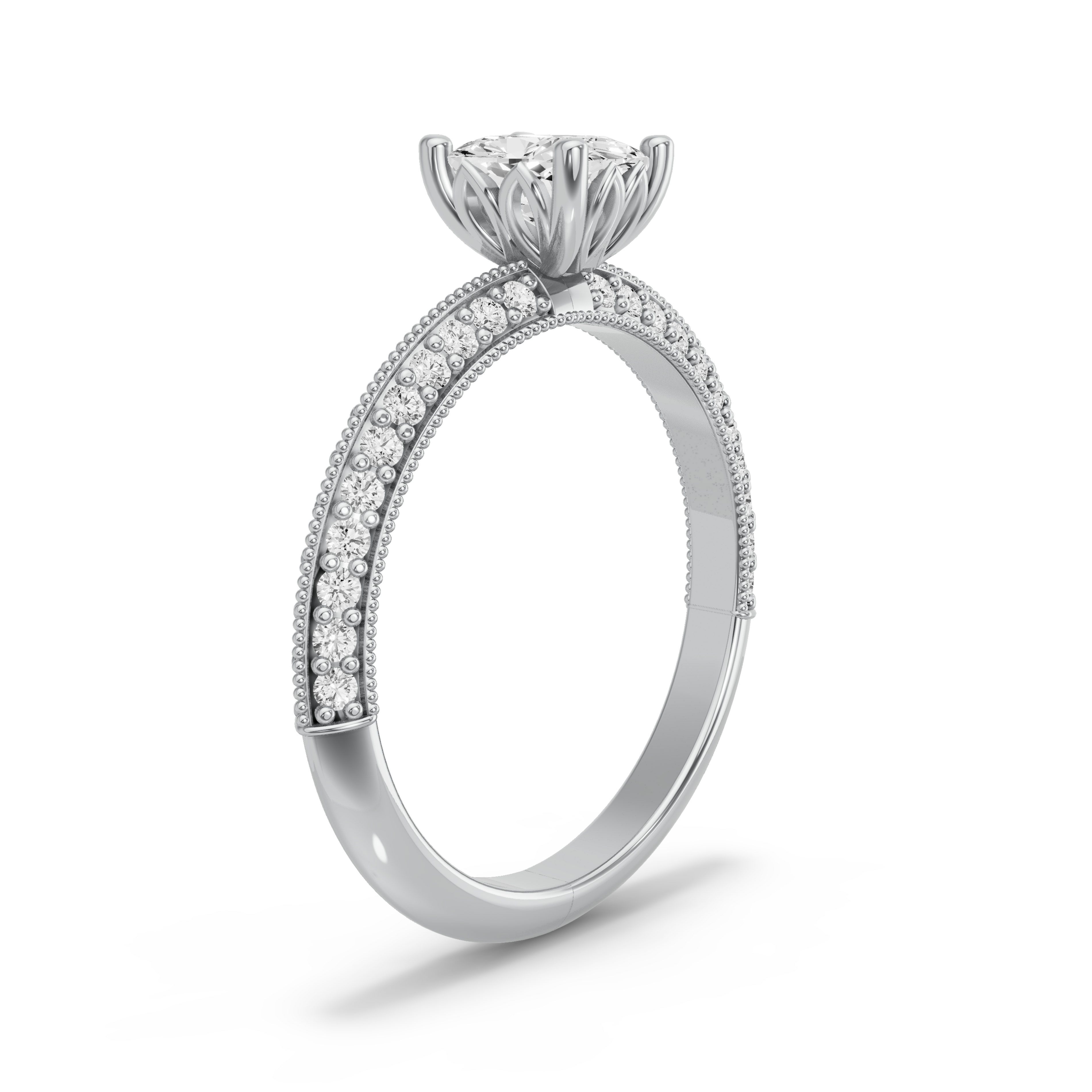 Image for Cushion Lotus Basket Ring with Knife Edge Pave band in 14K White Gold