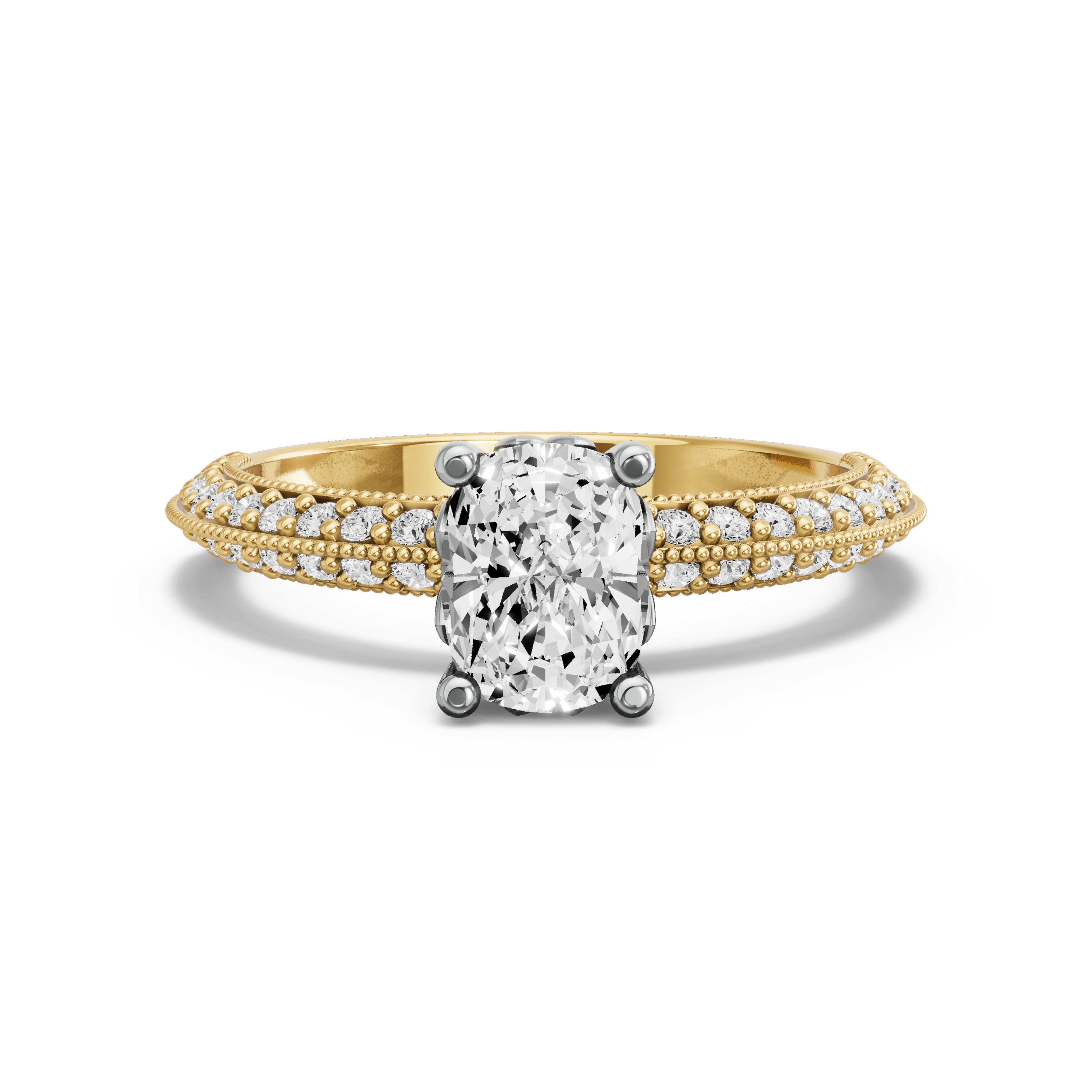 Image for Cushion Lotus Basket Ring with Knife Edge Pave band in 14K Two Tone Yellow Gold