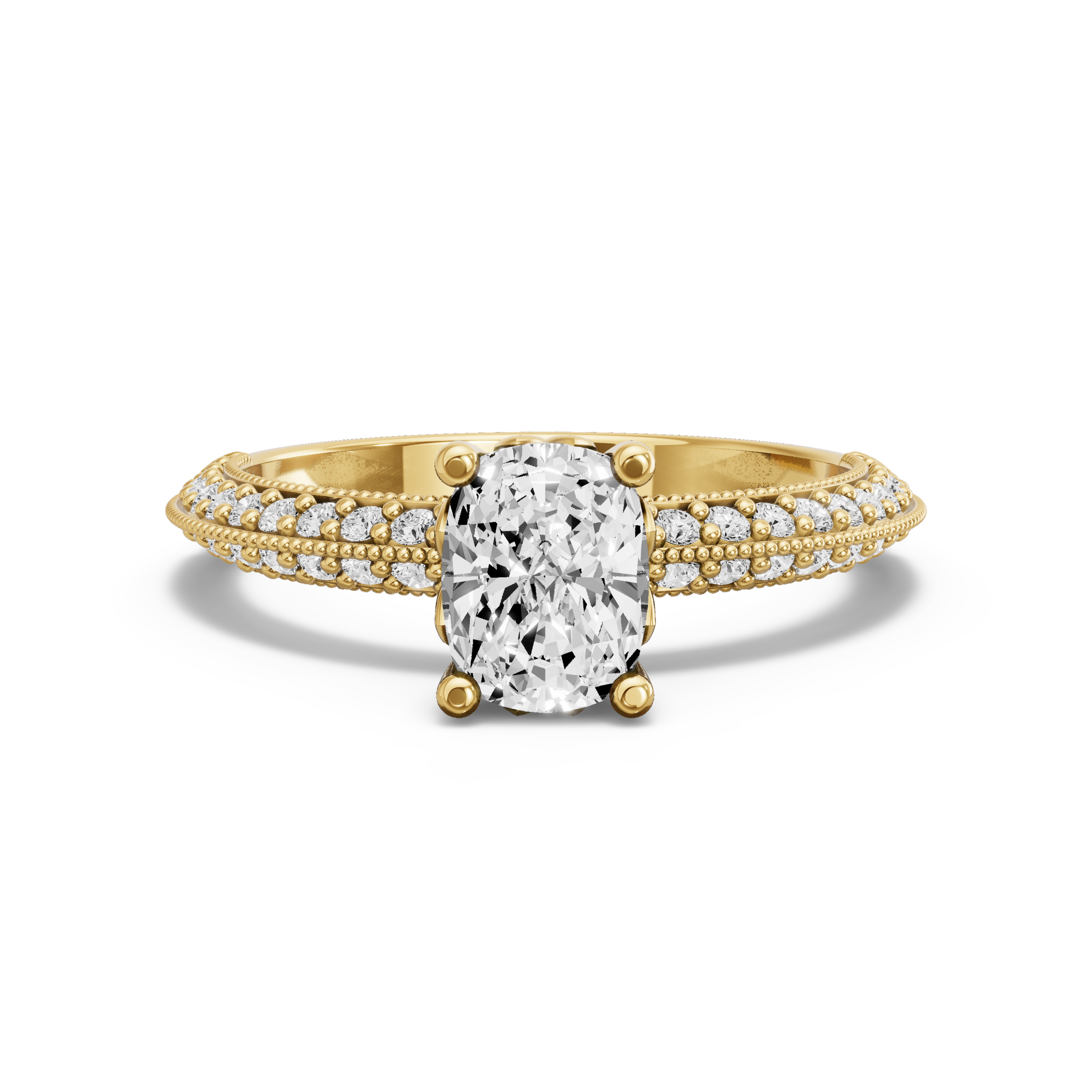 Image for Cushion Lotus Basket Ring with Knife Edge Pave band in 10K Yellow Gold