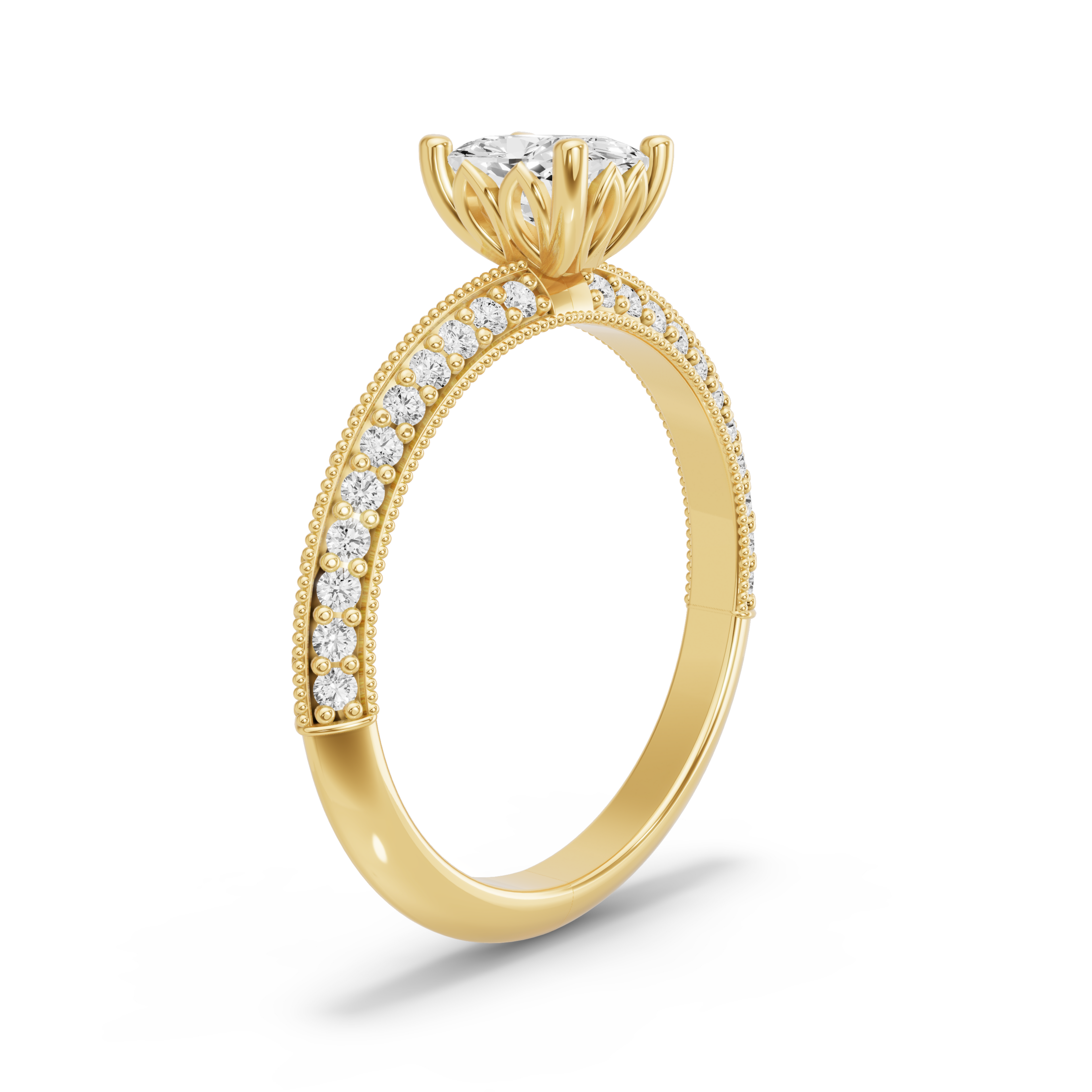 Image for Cushion Lotus Basket Ring with Knife Edge Pave band in 18K Yellow Gold