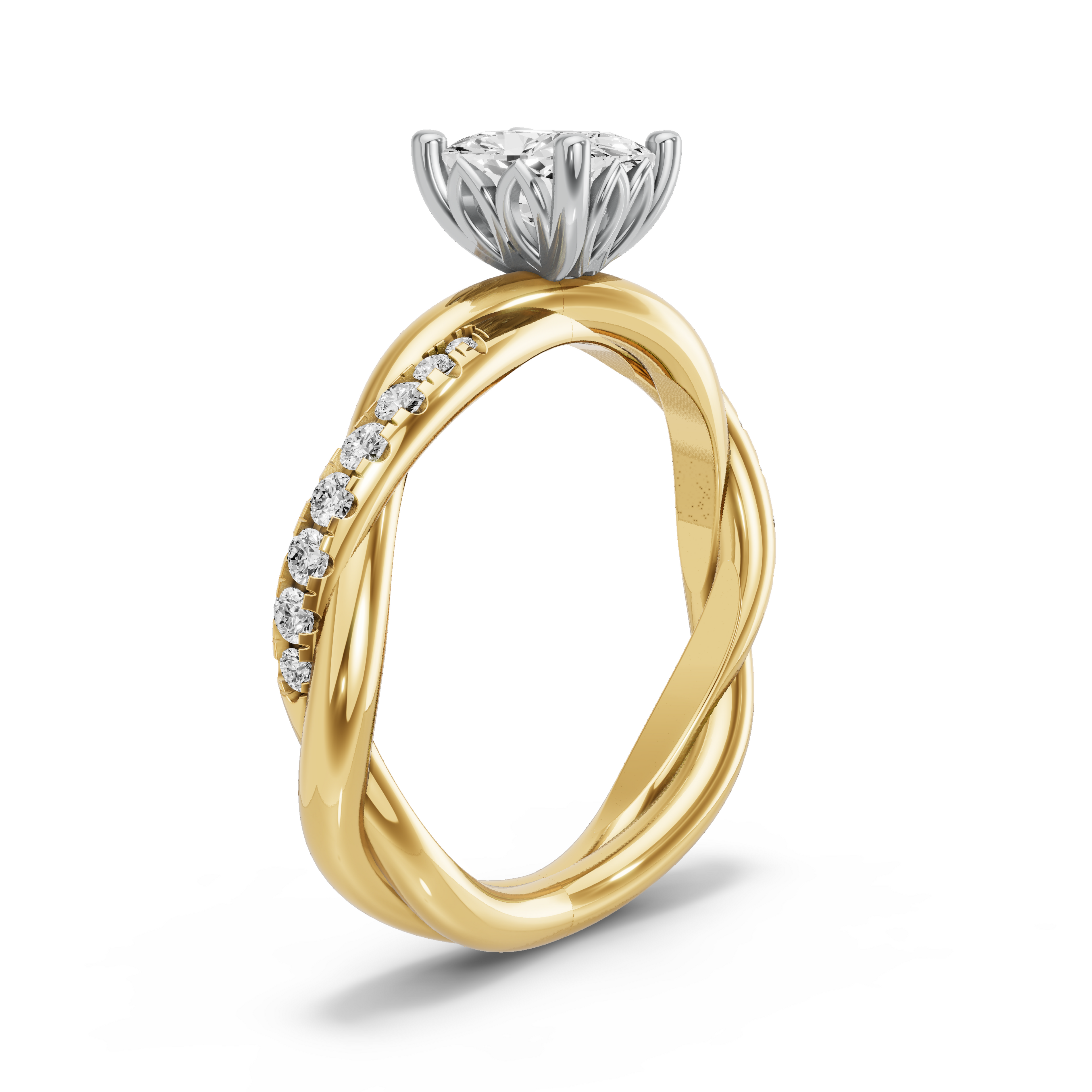 Image for Cushion Lotus Basket Ring with Rope Pave band in 18K Two Tone Yellow Gold