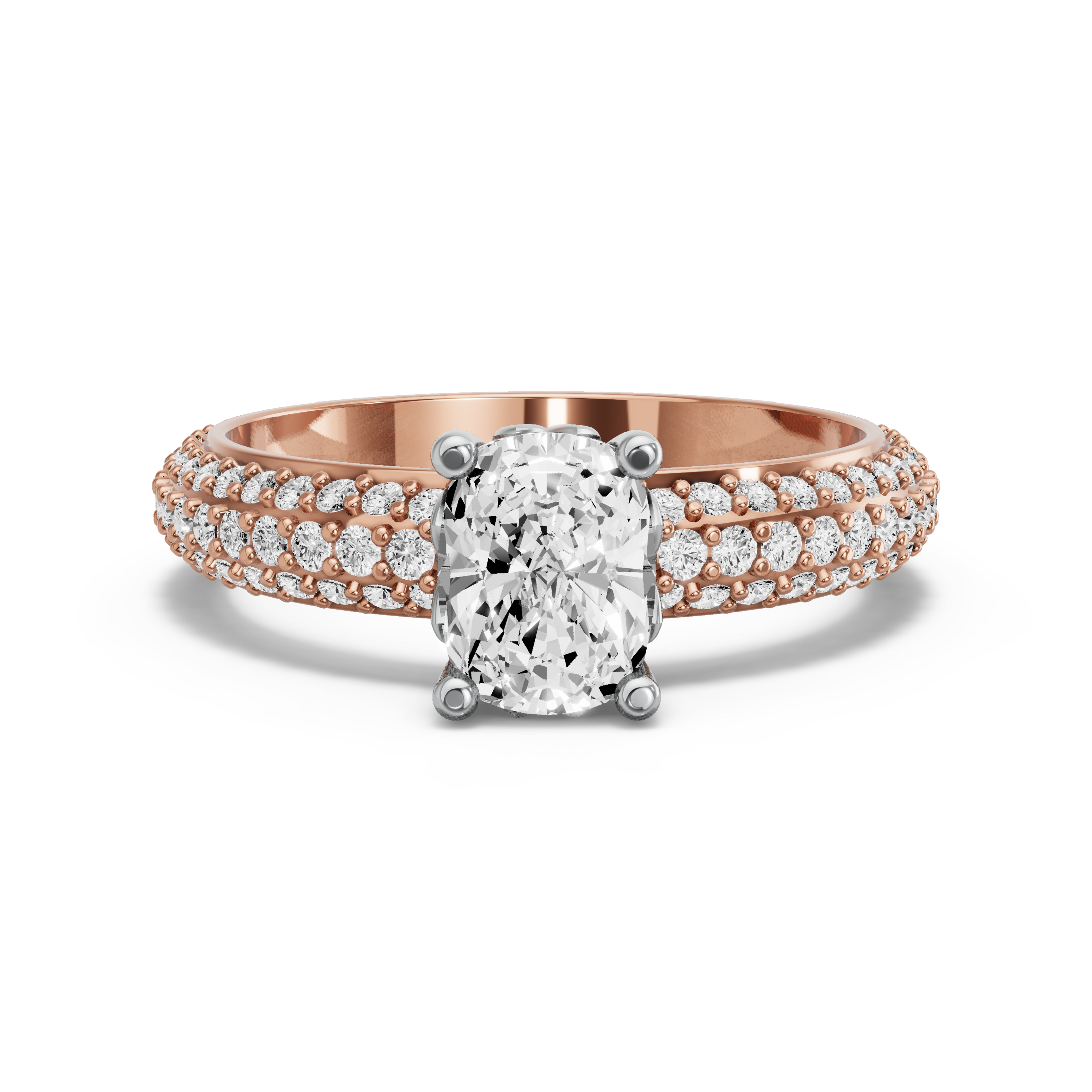 Image for Cushion Lotus Basket Ring with Triple Row Pave band in 14K Two Tone Rose Gold