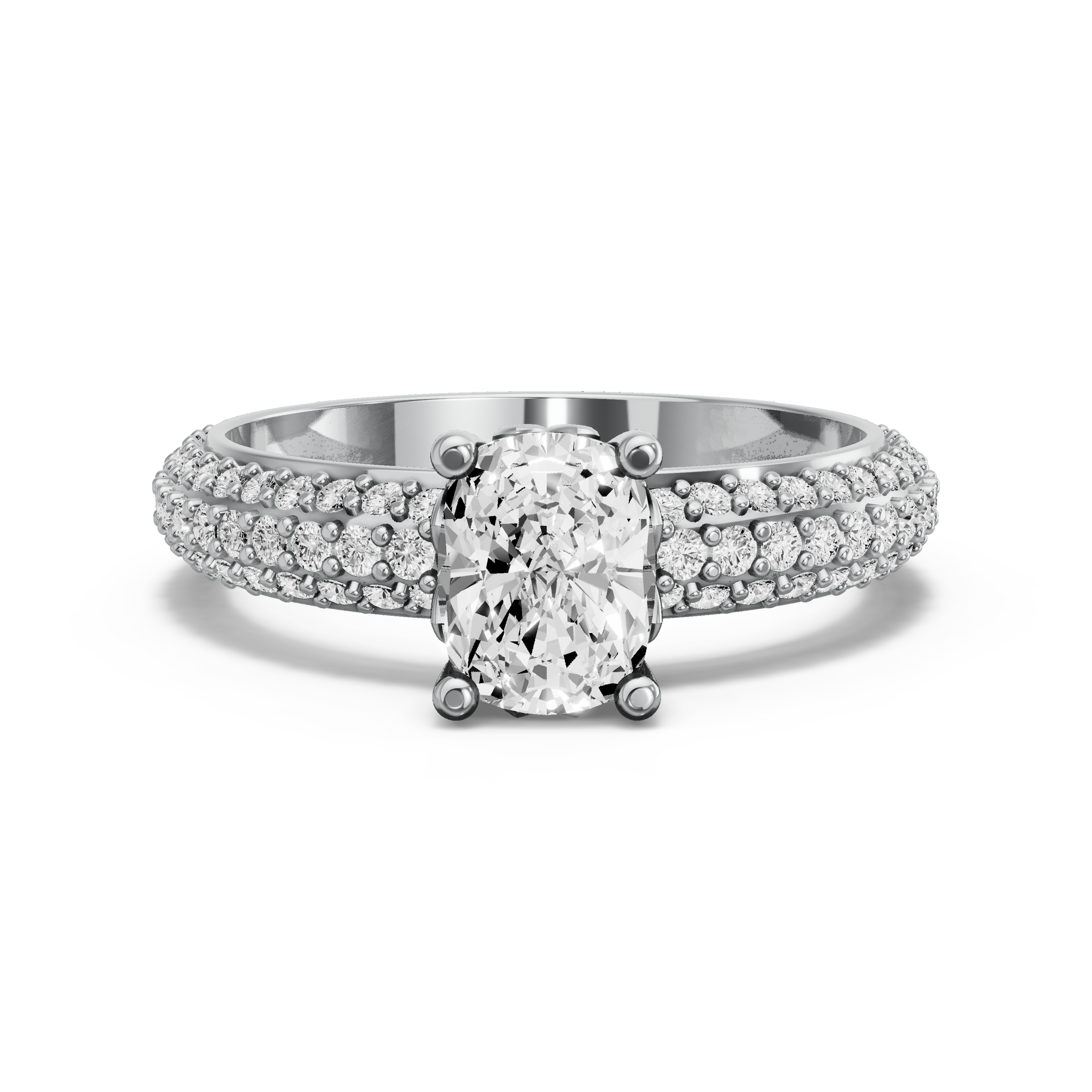 Image for Cushion Lotus Basket Ring with Triple Row Pave band in 10K White Gold
