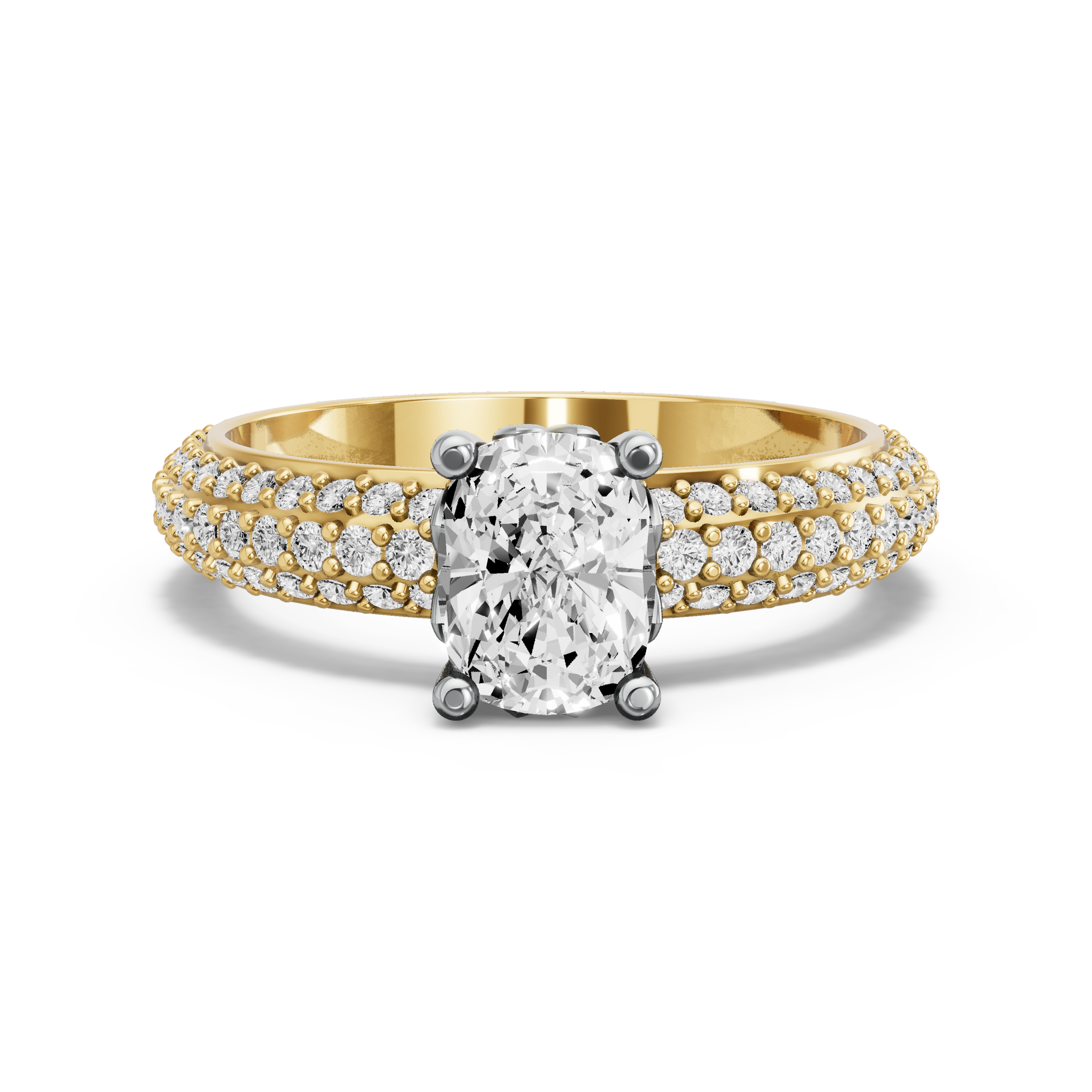 Image for Cushion Lotus Basket Ring with Triple Row Pave band in 10K Two Tone Yellow Gold