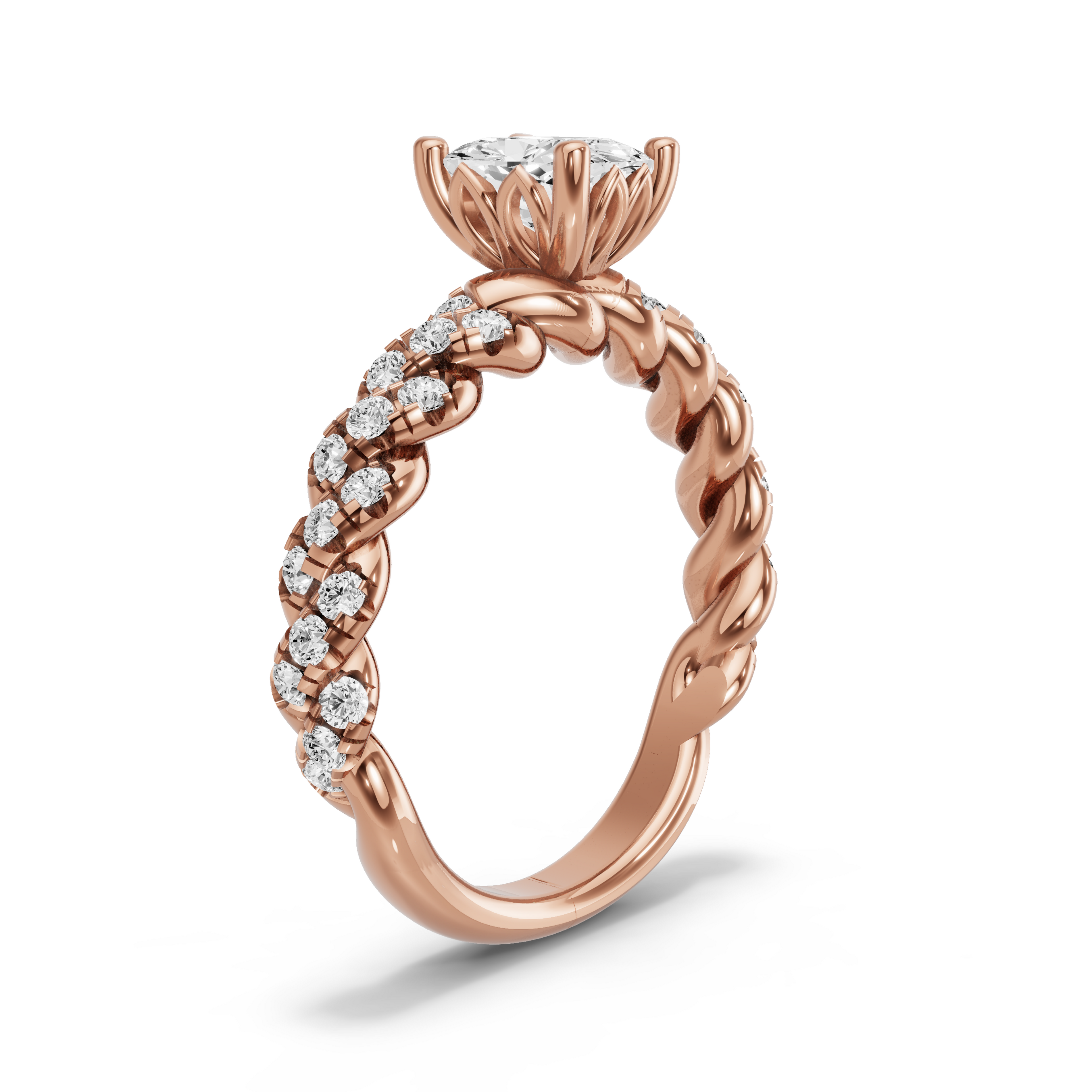 Image for Cushion Lotus Basket Ring with Twist Pave band in 10K Rose Gold