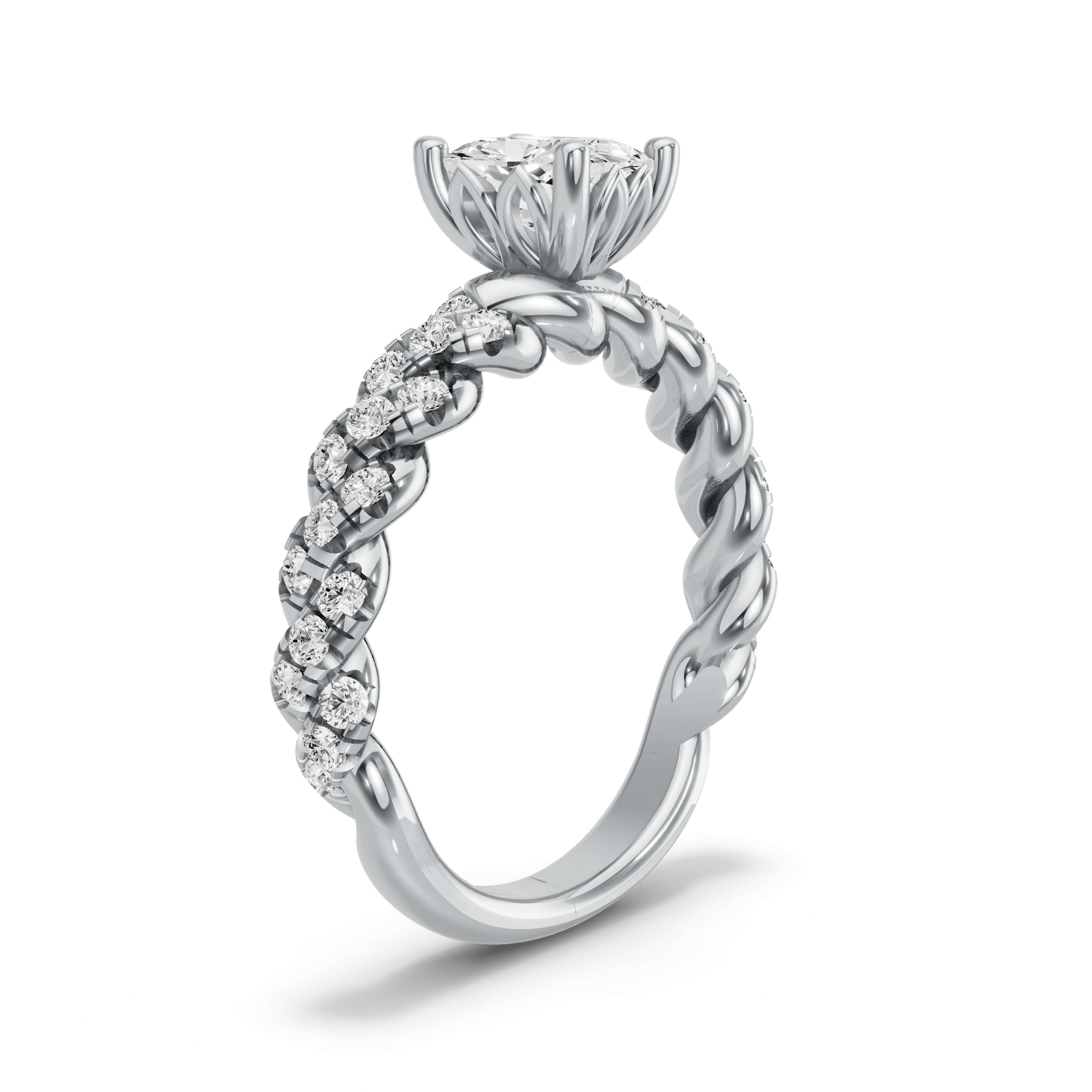 Image for Cushion Lotus Basket Ring with Twist Pave band in 18K White Gold