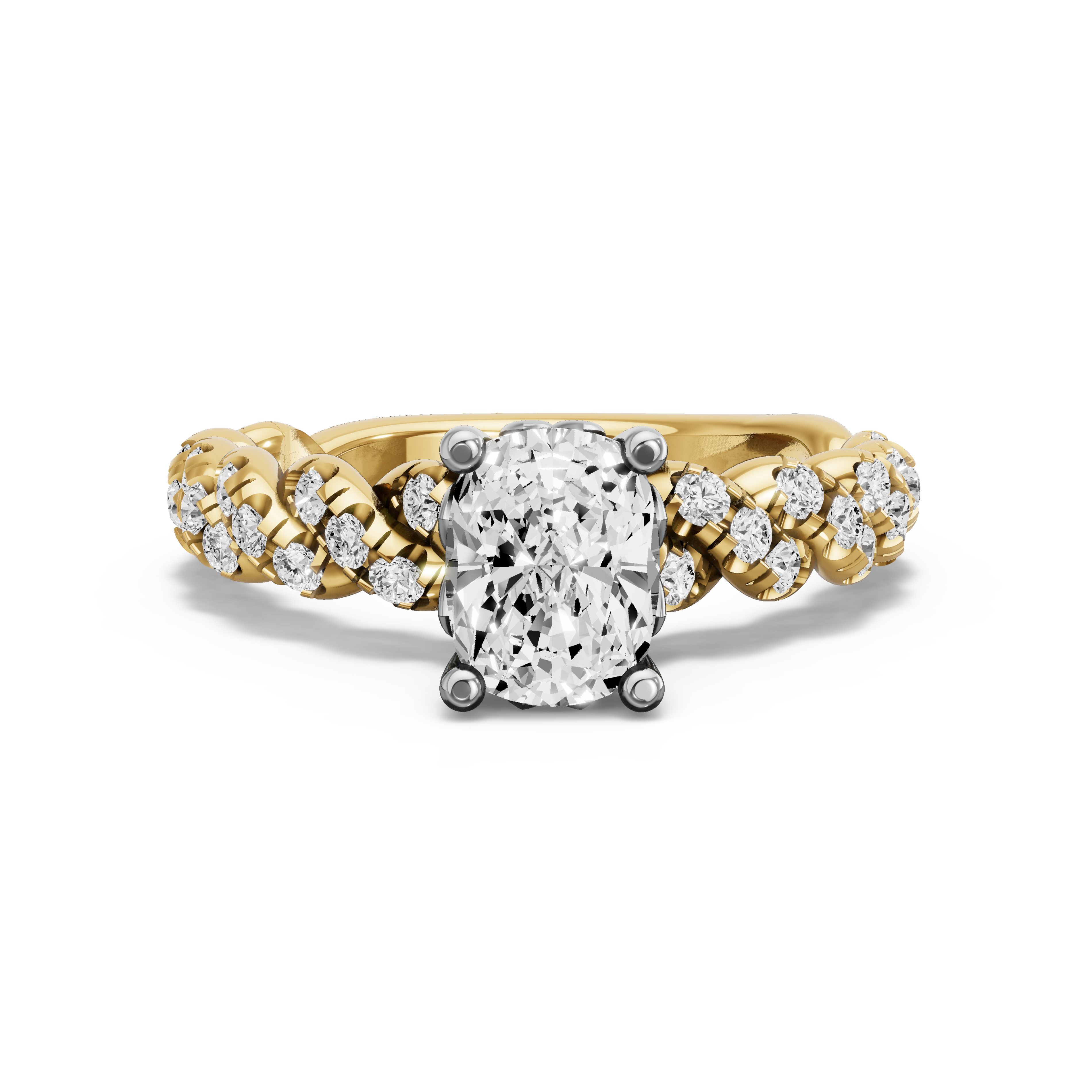 Image for Cushion Lotus Basket Ring with Twist Pave band in 14K Two Tone Yellow Gold