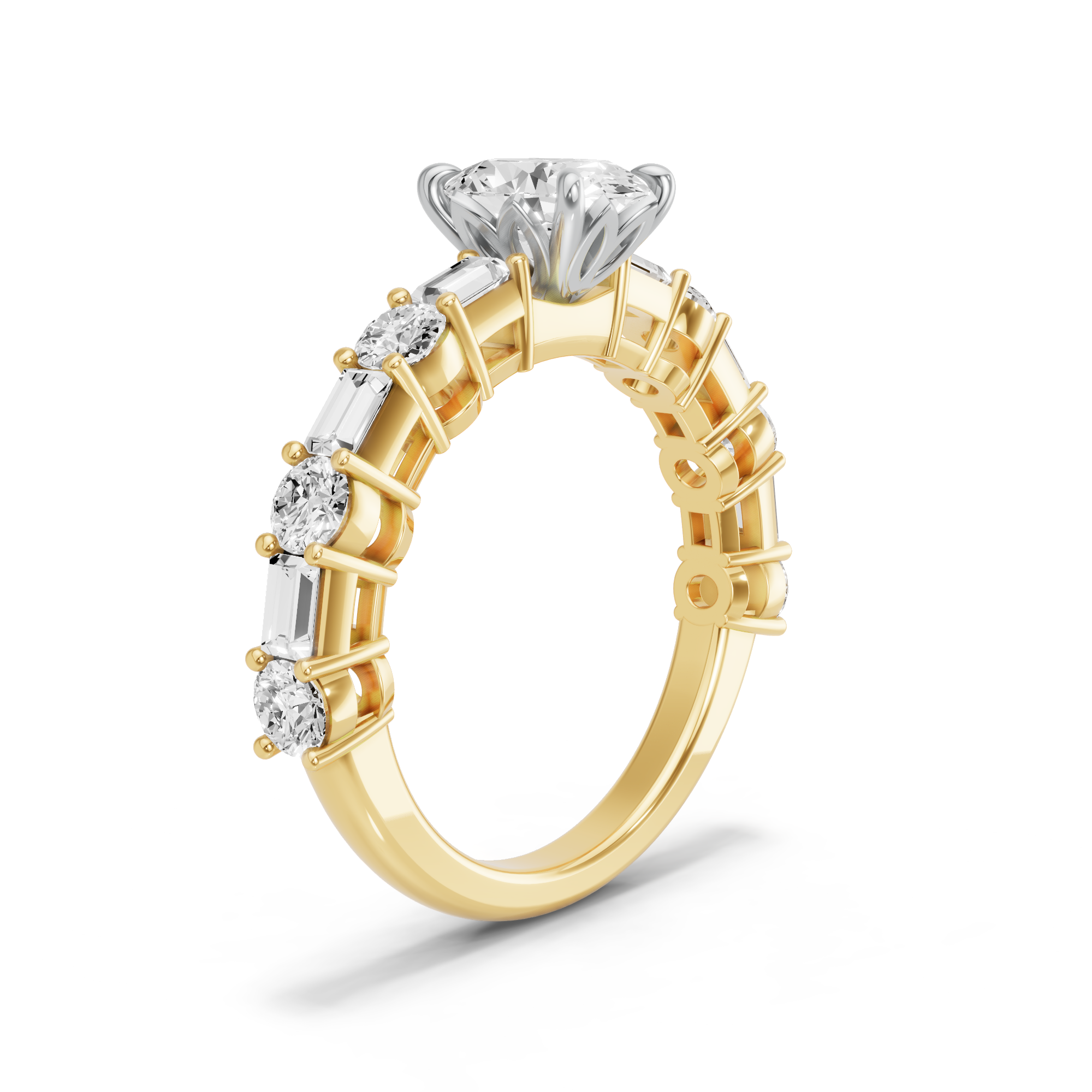 Image for Oval Lotus Basket Ring with Alternating Baguette band in 10K Two Tone Yellow Gold