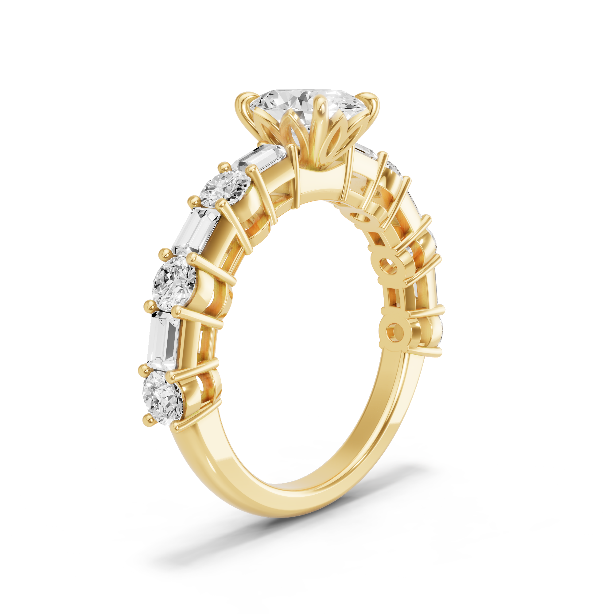 Image for Oval Lotus Basket Ring with Alternating Baguette band in 18K Yellow Gold