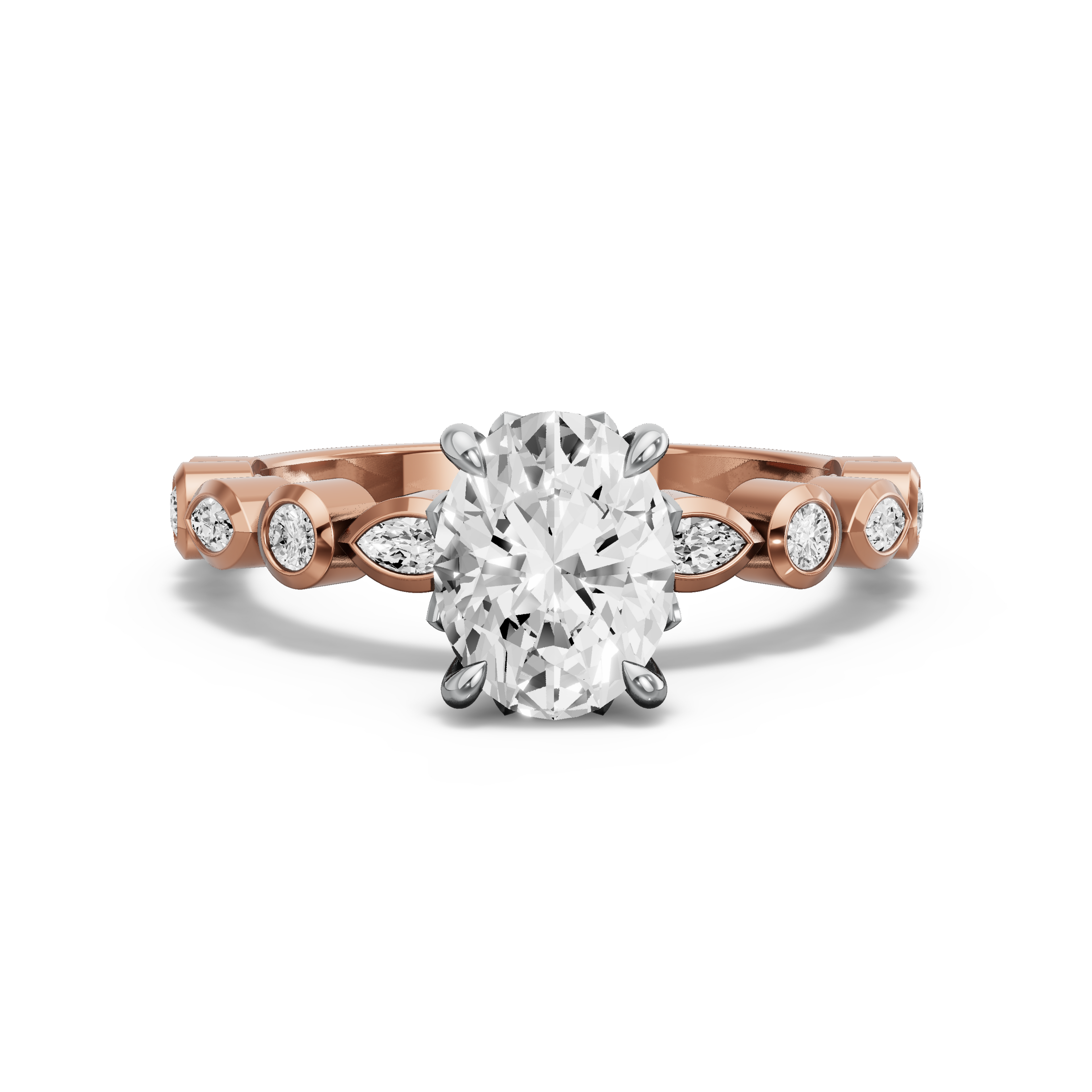 Image for Oval Lotus Basket Ring with Alternating Marquise band in 14K Two Tone Rose Gold