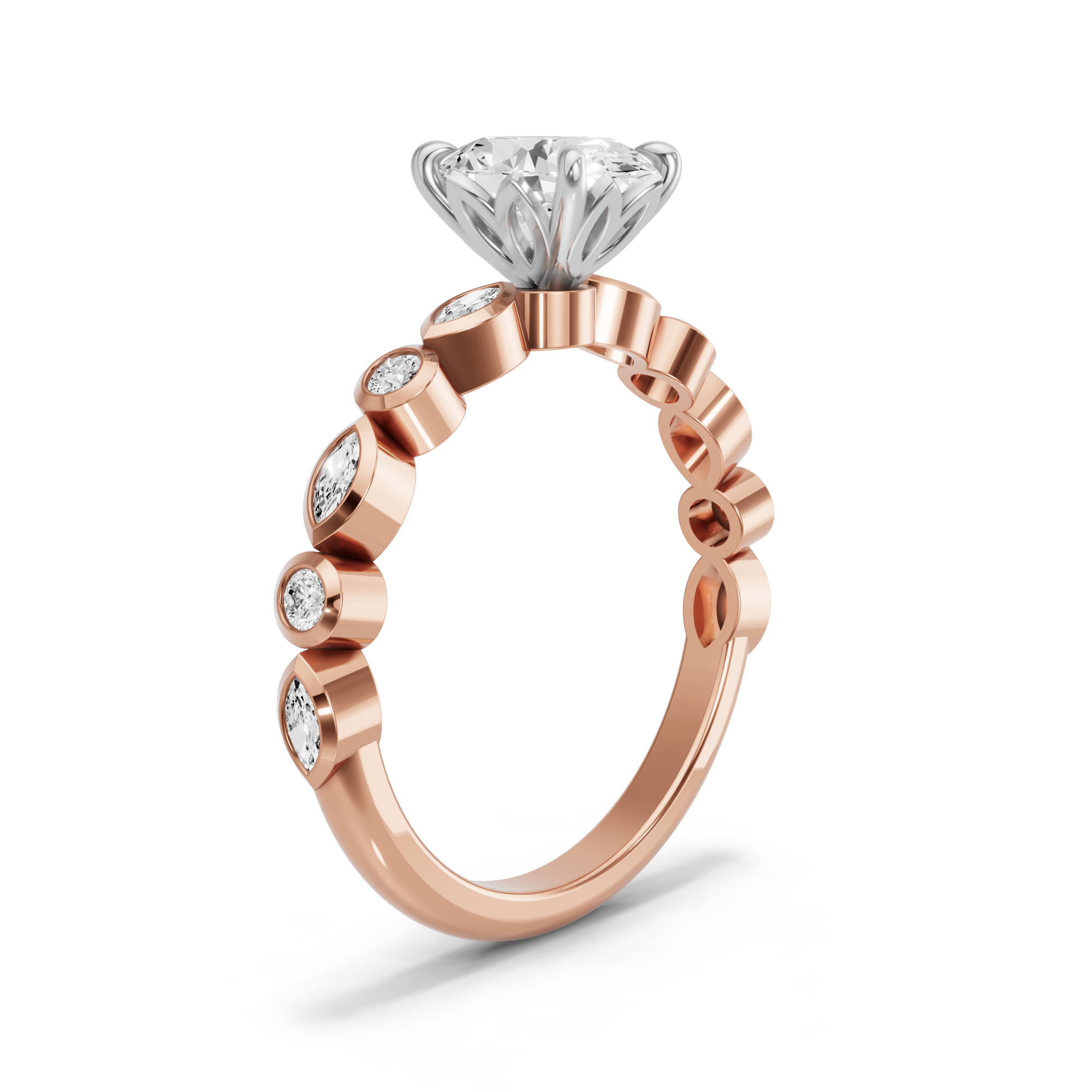 Image for Oval Lotus Basket Ring with Alternating Marquise band in 10K Two Tone Rose Gold