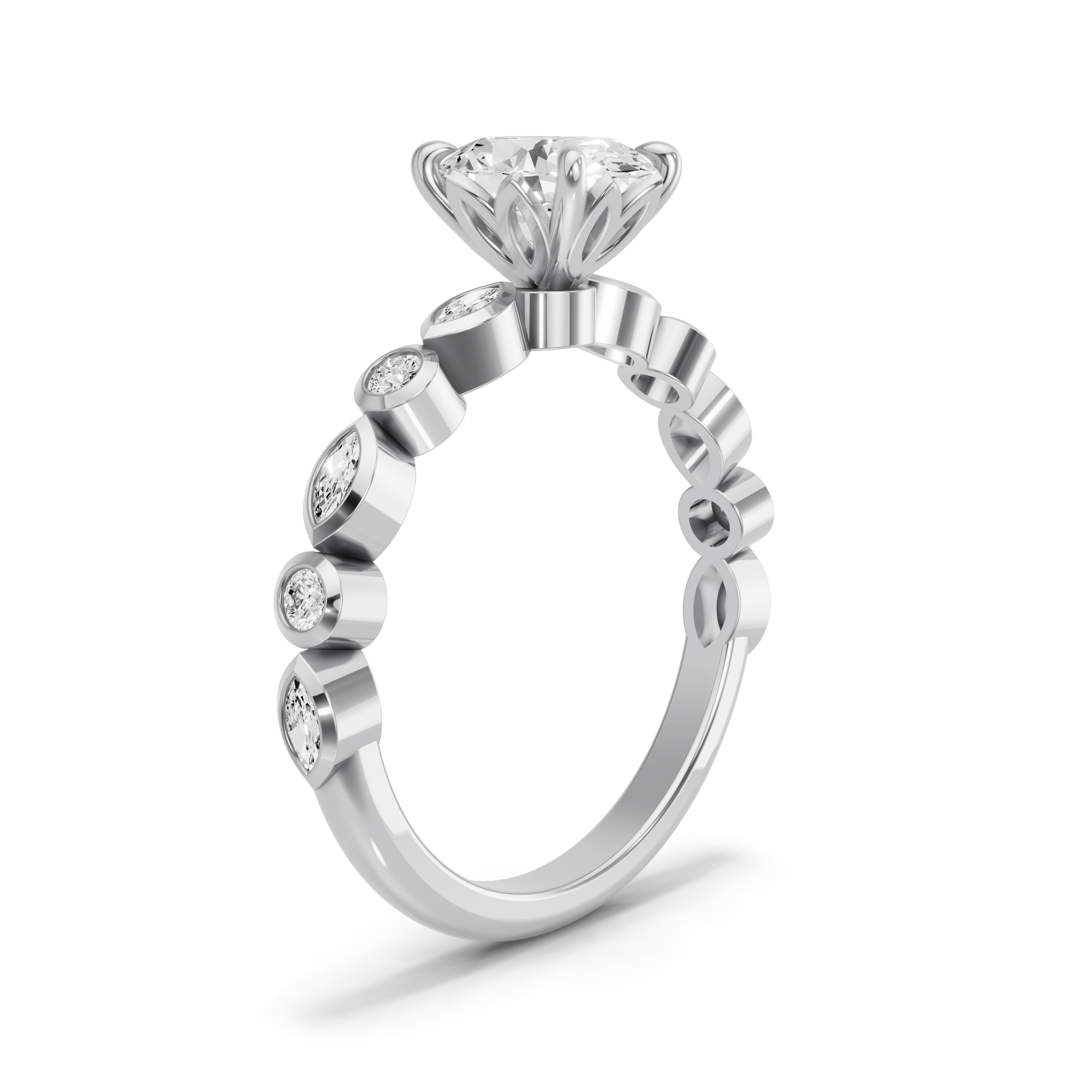 Image for Oval Lotus Basket Ring with Alternating Marquise band in 950 Platinum