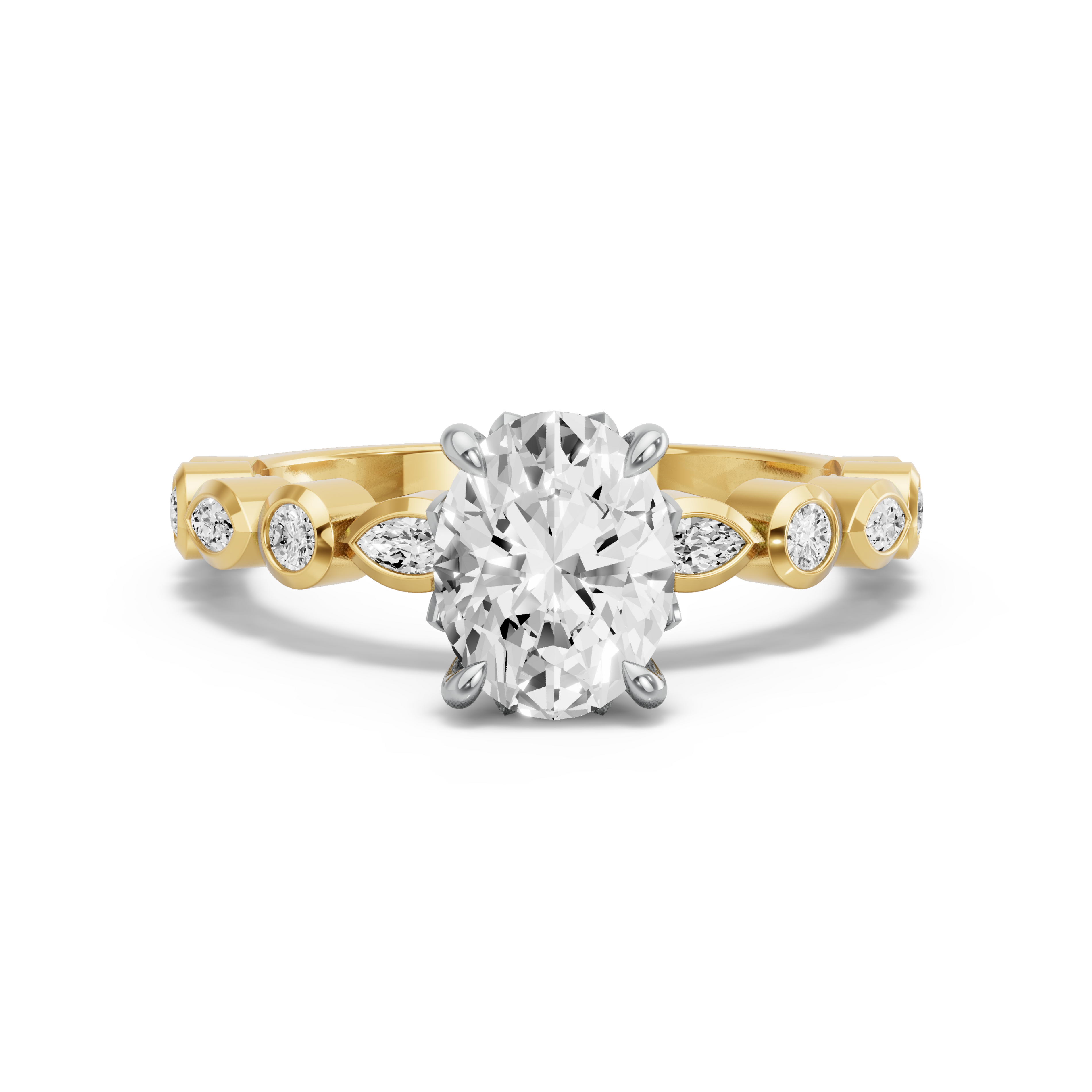 Image for Oval Lotus Basket Ring with Alternating Marquise band in 14K Two Tone Yellow Gold