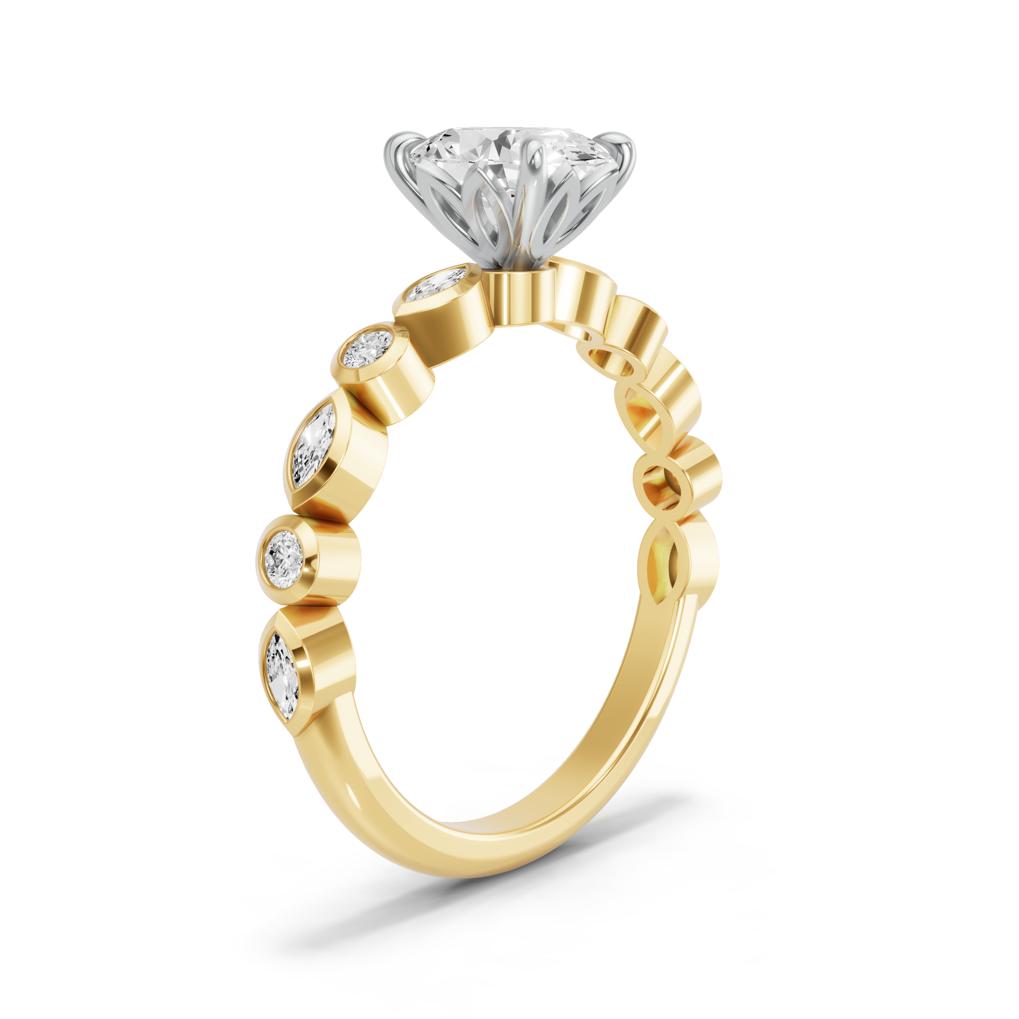 Image for Oval Lotus Basket Ring with Alternating Marquise band in 18K Two Tone Yellow Gold