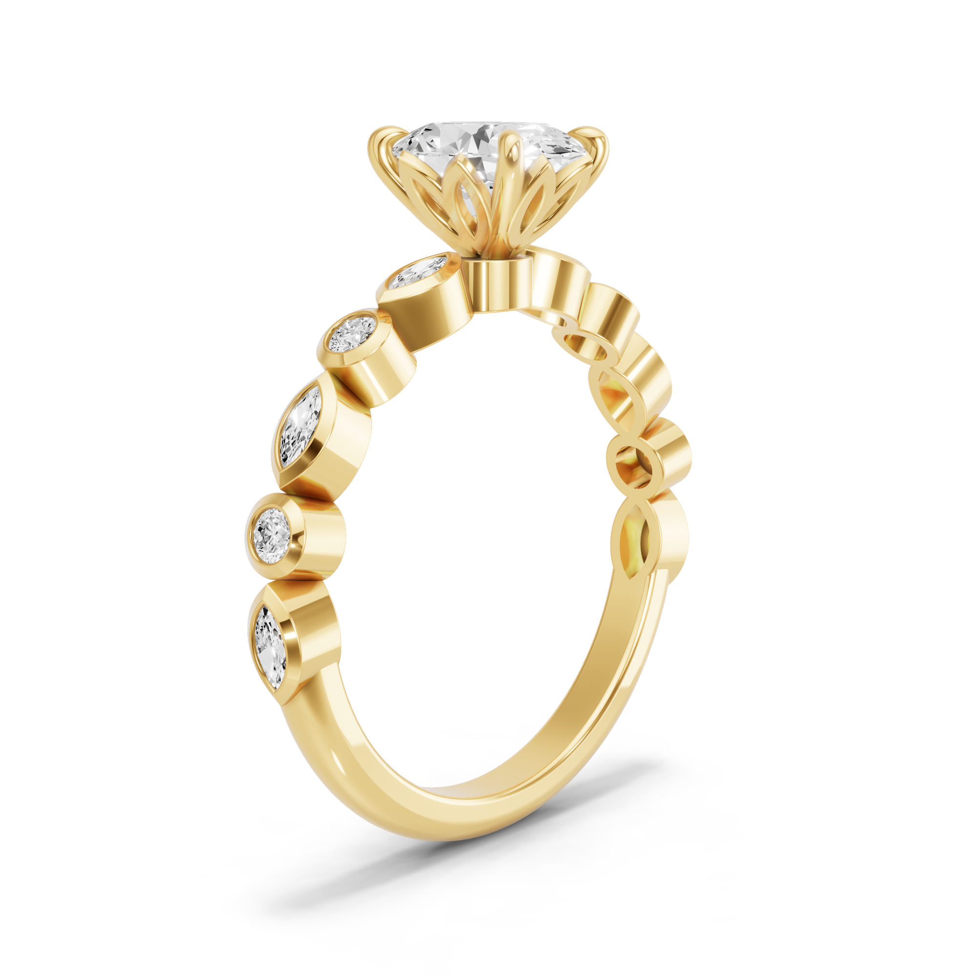 Image for Oval Lotus Basket Ring with Alternating Marquise band in 18K Yellow Gold