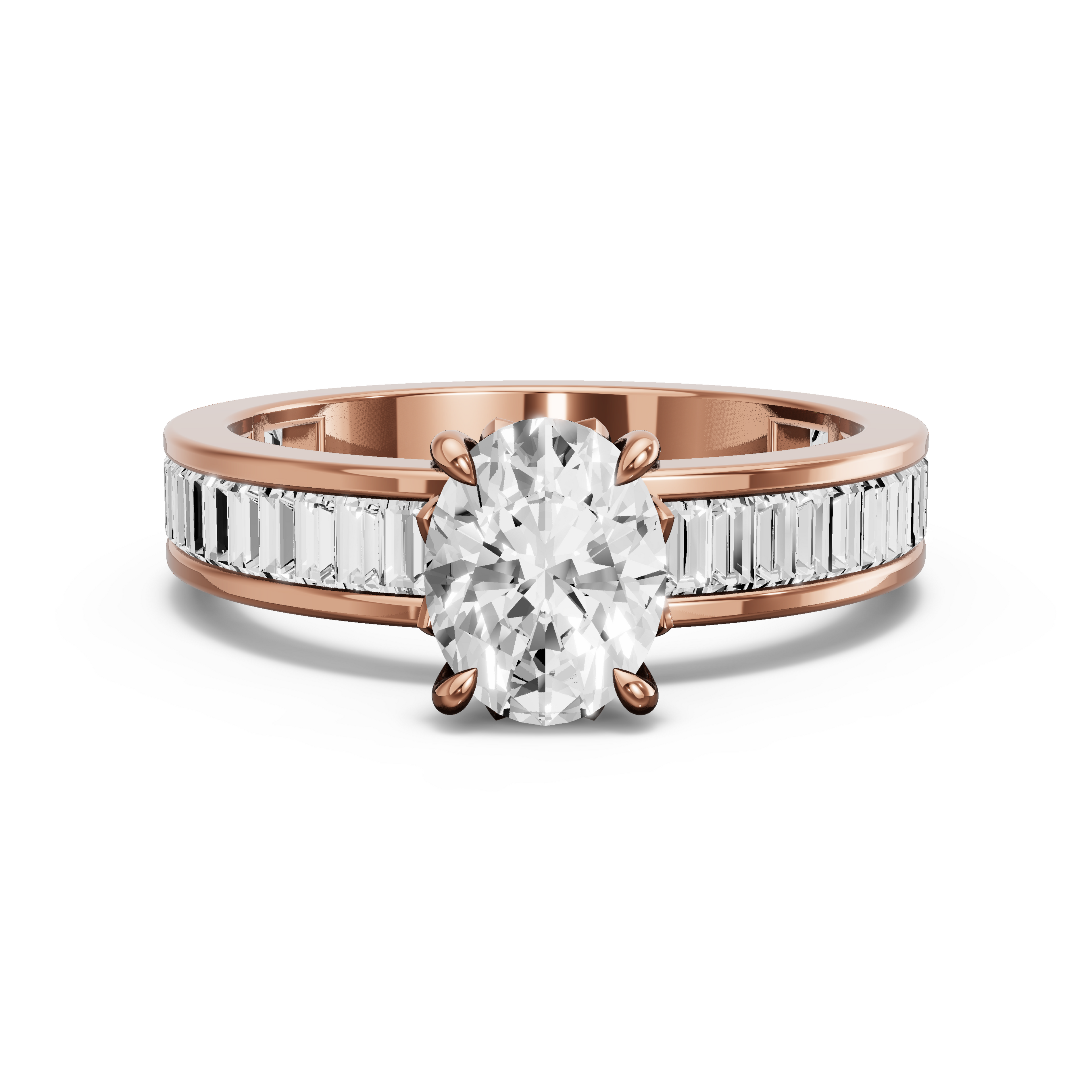 Image for Oval Lotus Basket Ring with Baguette Channel band in 10K Rose Gold