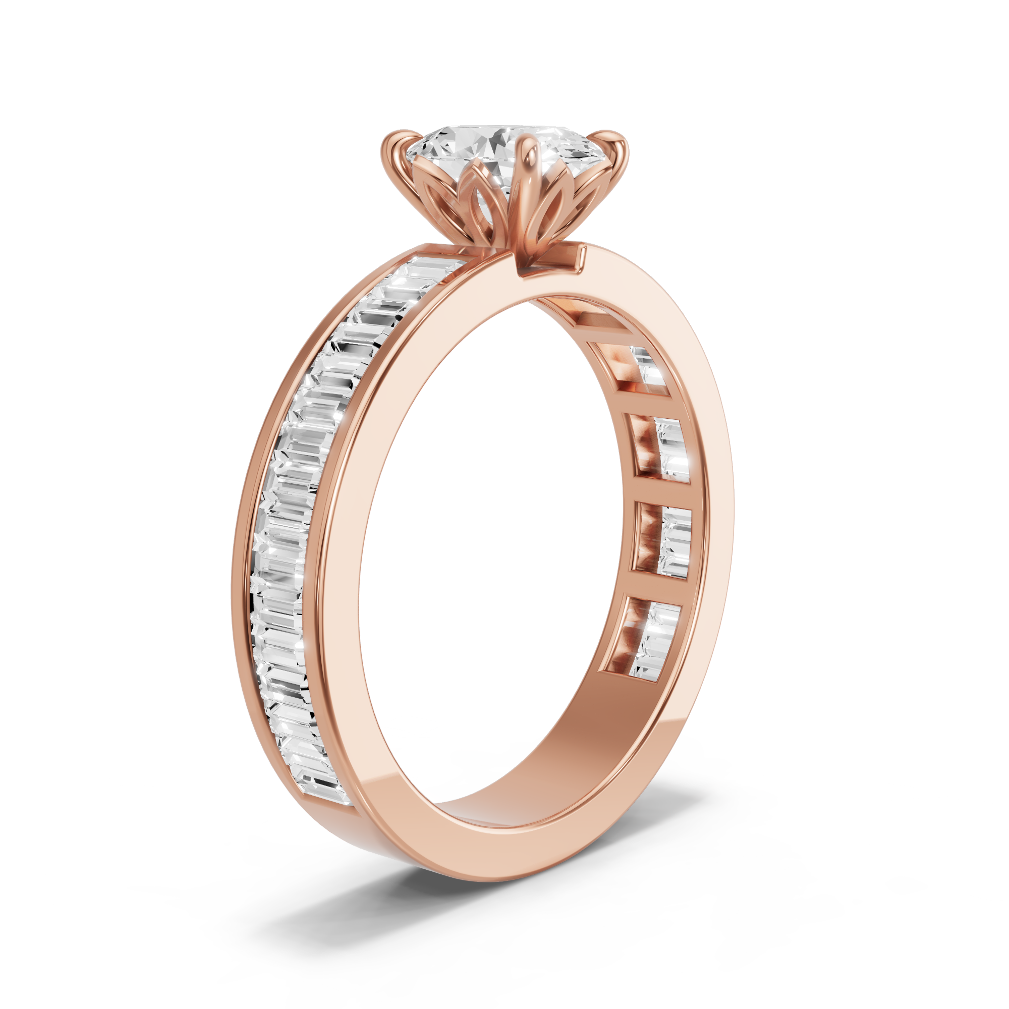 Image for Oval Lotus Basket Ring with Baguette Channel band in 10K Rose Gold