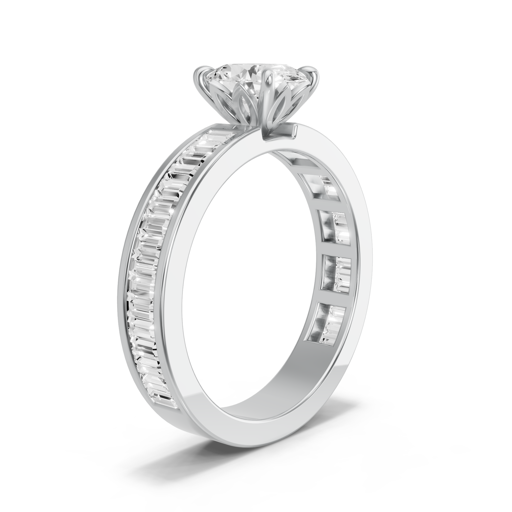 Image for Oval Lotus Basket Ring with Baguette Channel band in 10K White Gold