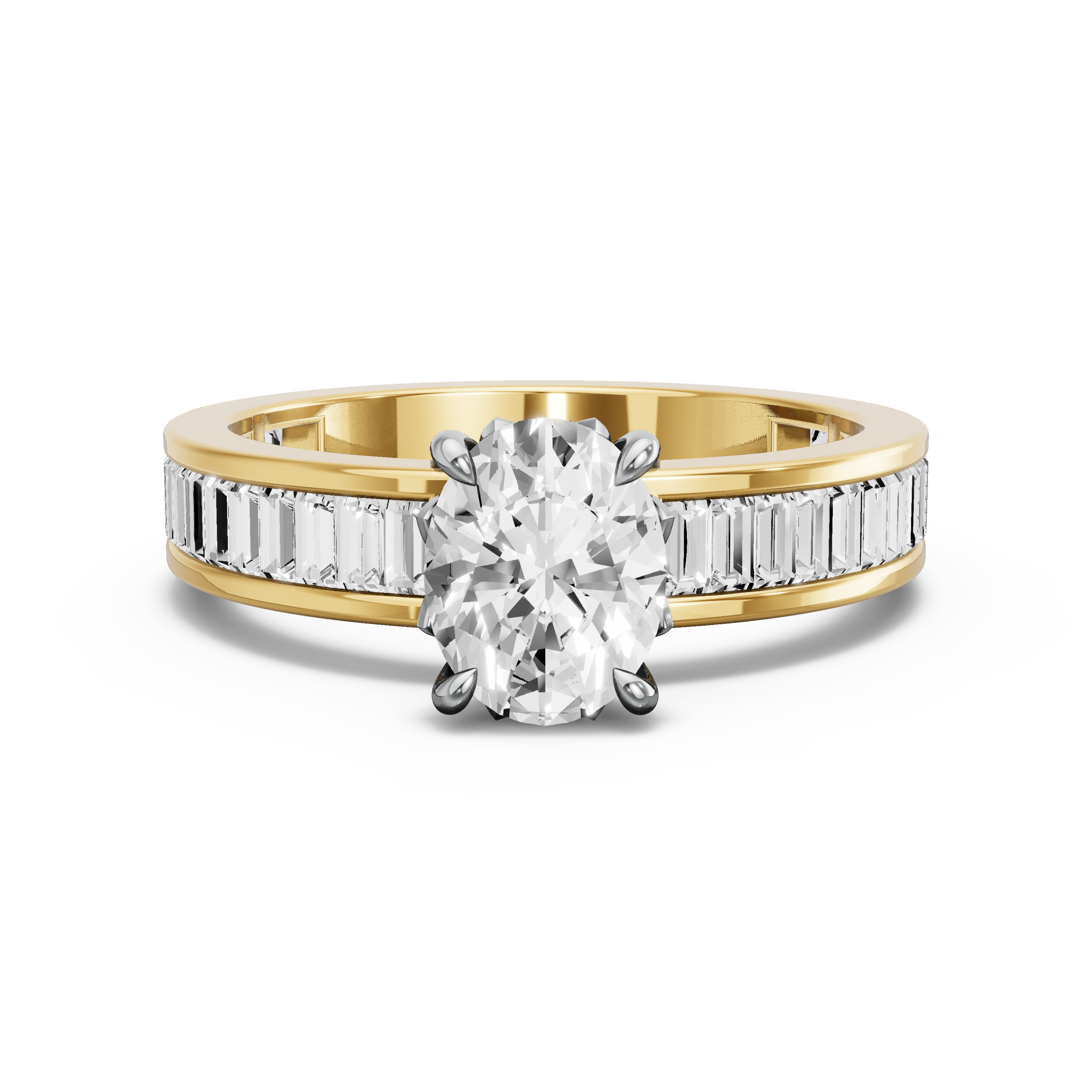 Image for Oval Lotus Basket Ring with Baguette Channel band in 18K Two Tone Yellow Gold
