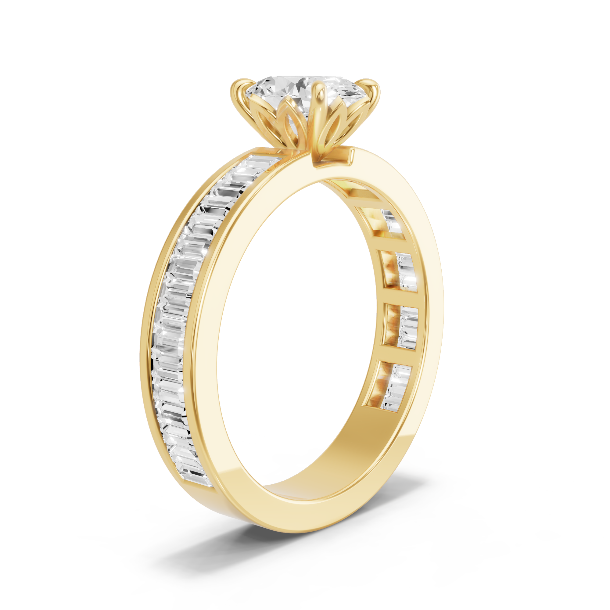 Image for Oval Lotus Basket Ring with Baguette Channel band in 18K Yellow Gold